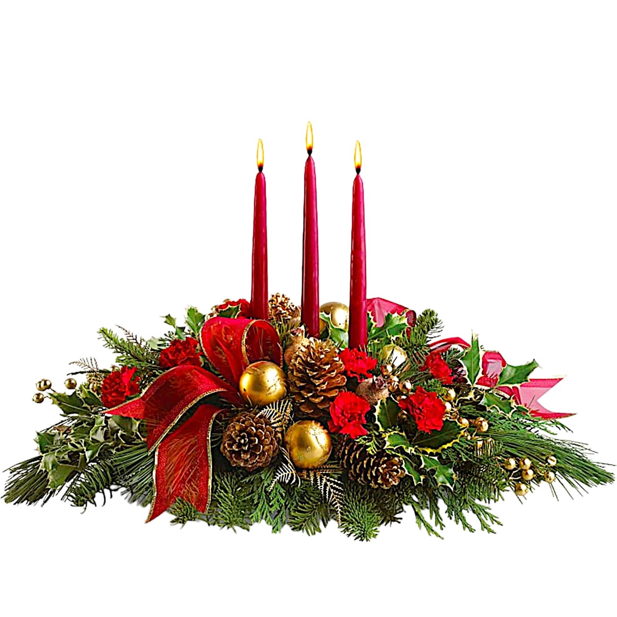 Christmas centerpiece with red candles, pinecones, and ribbon