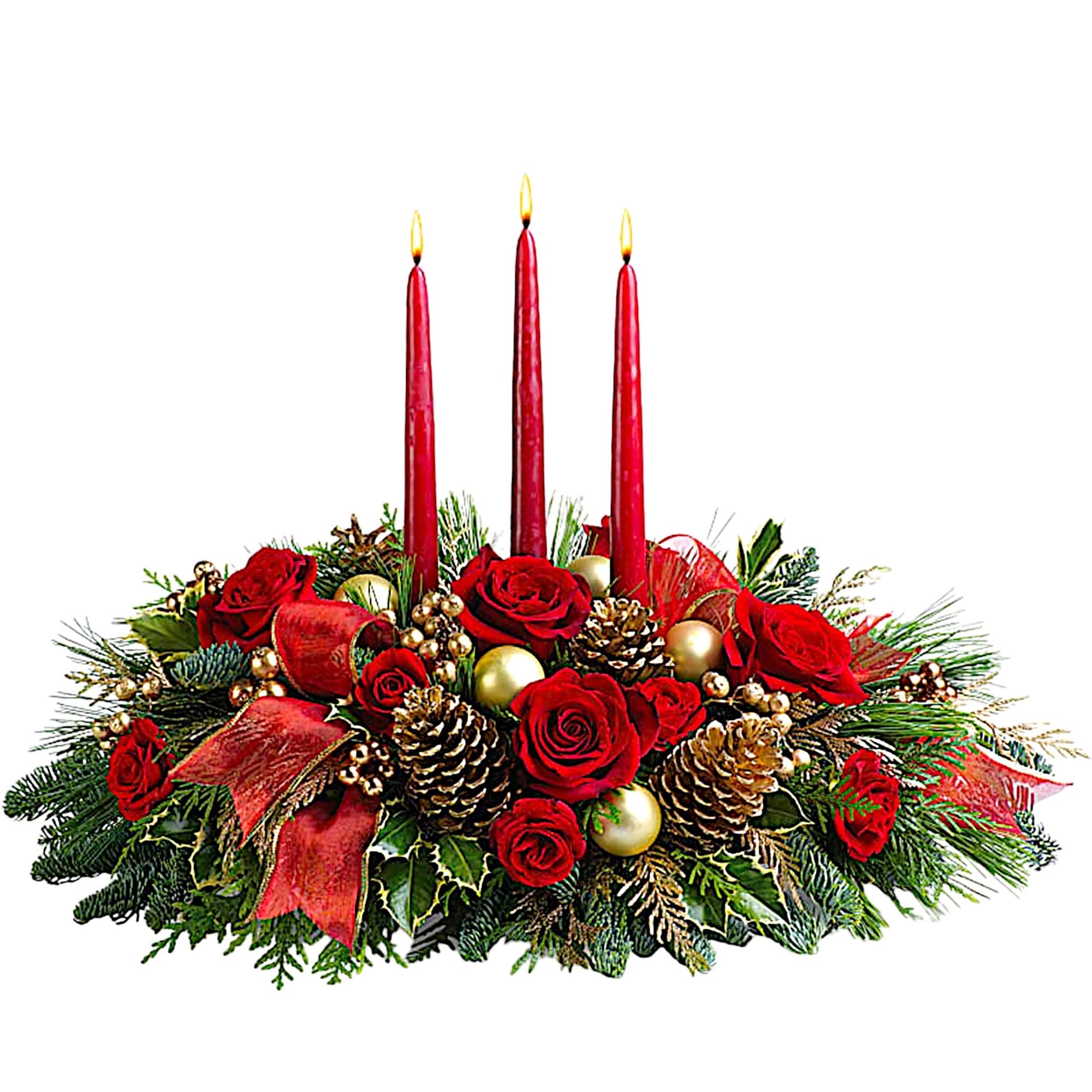 Red rose centerpiece with three red candles, pinecones, and gold ornaments