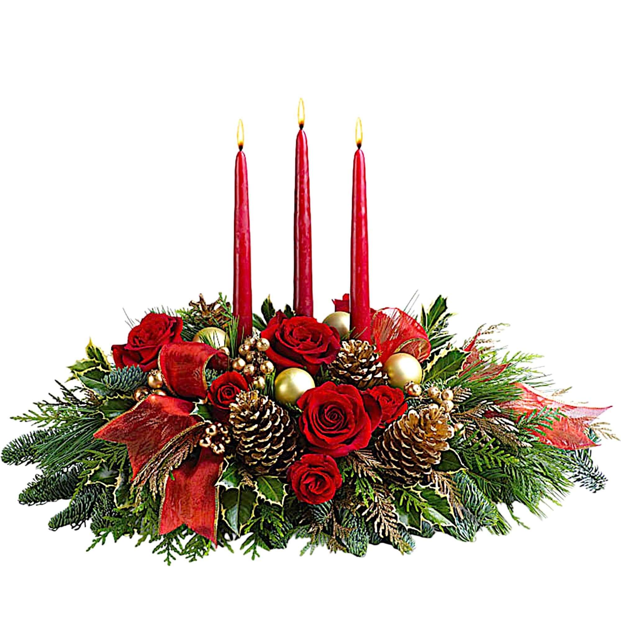 Red roses and pinecones with three lit red candles