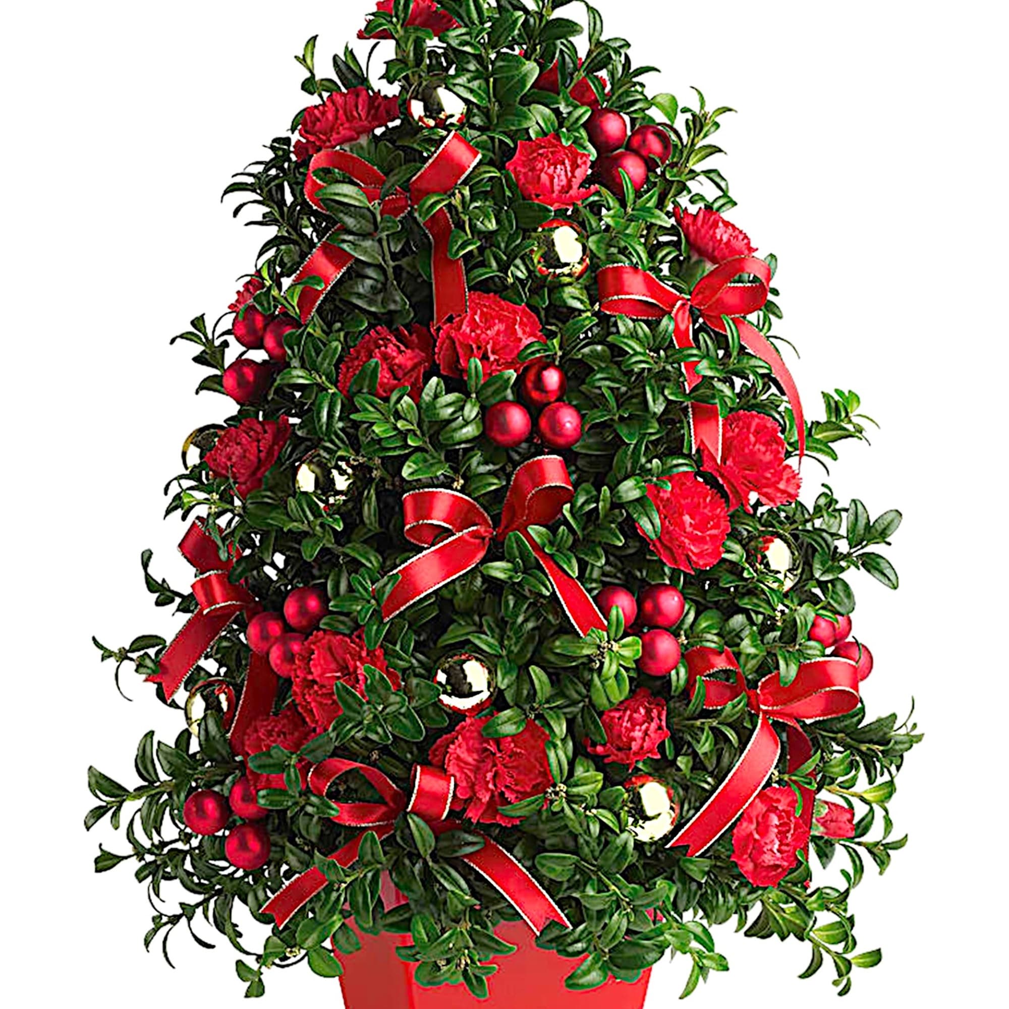 Red floral topiary in a red pot with ribbon bows