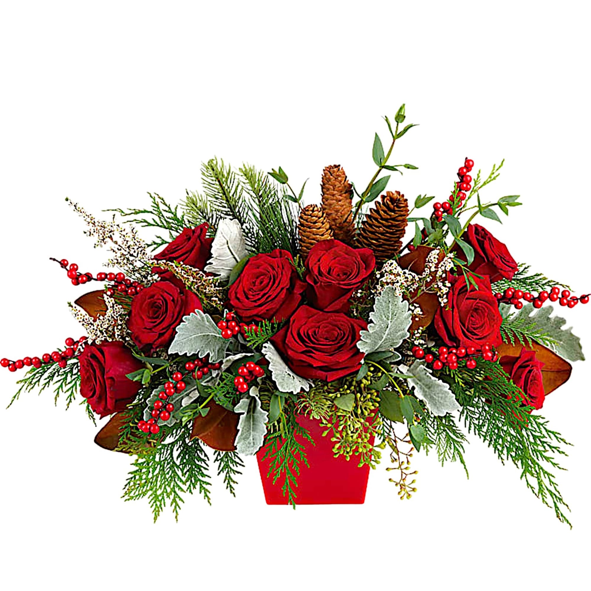 Red roses arranged with pinecones and berries in a red container