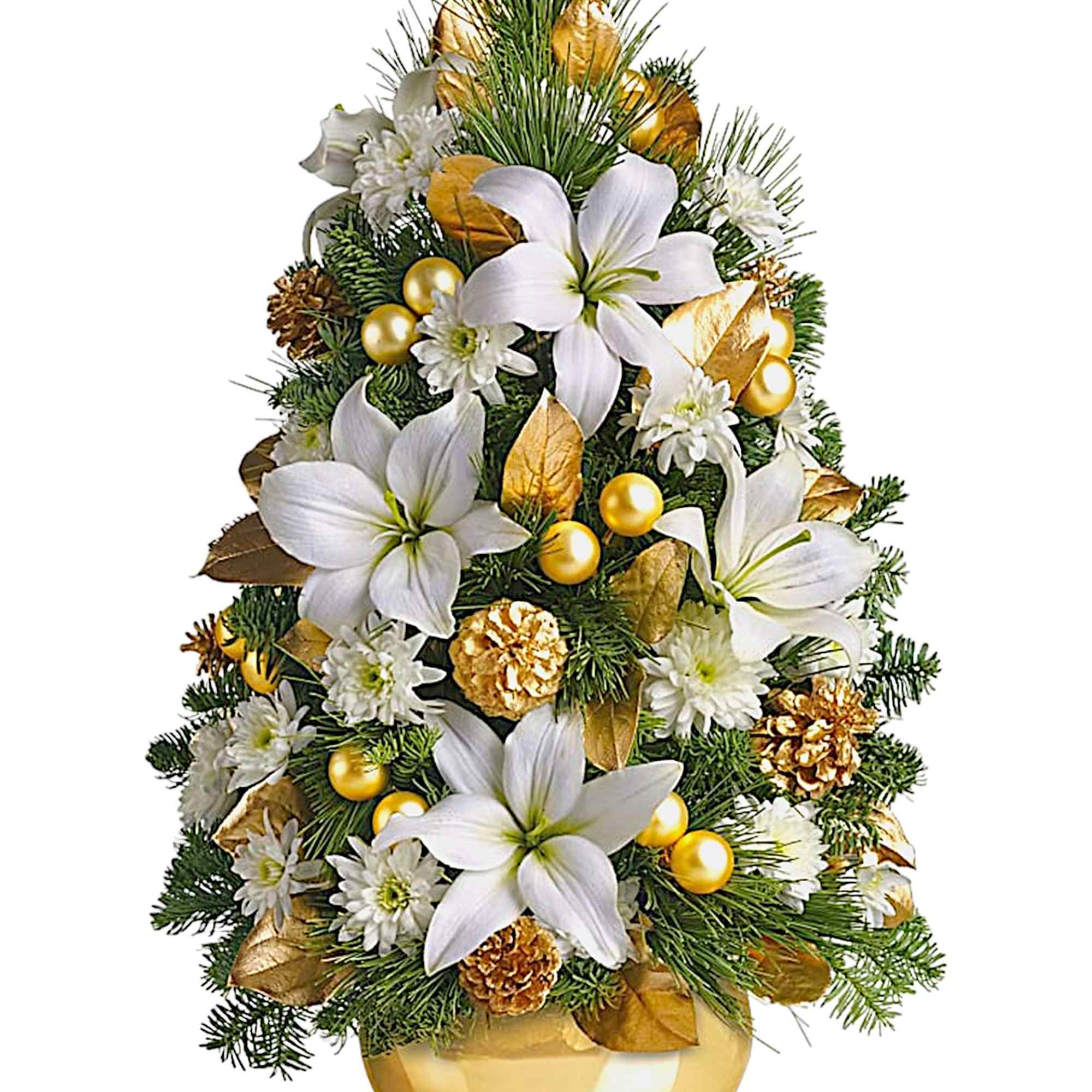 White lilies and gold ornaments arranged in a gold vase