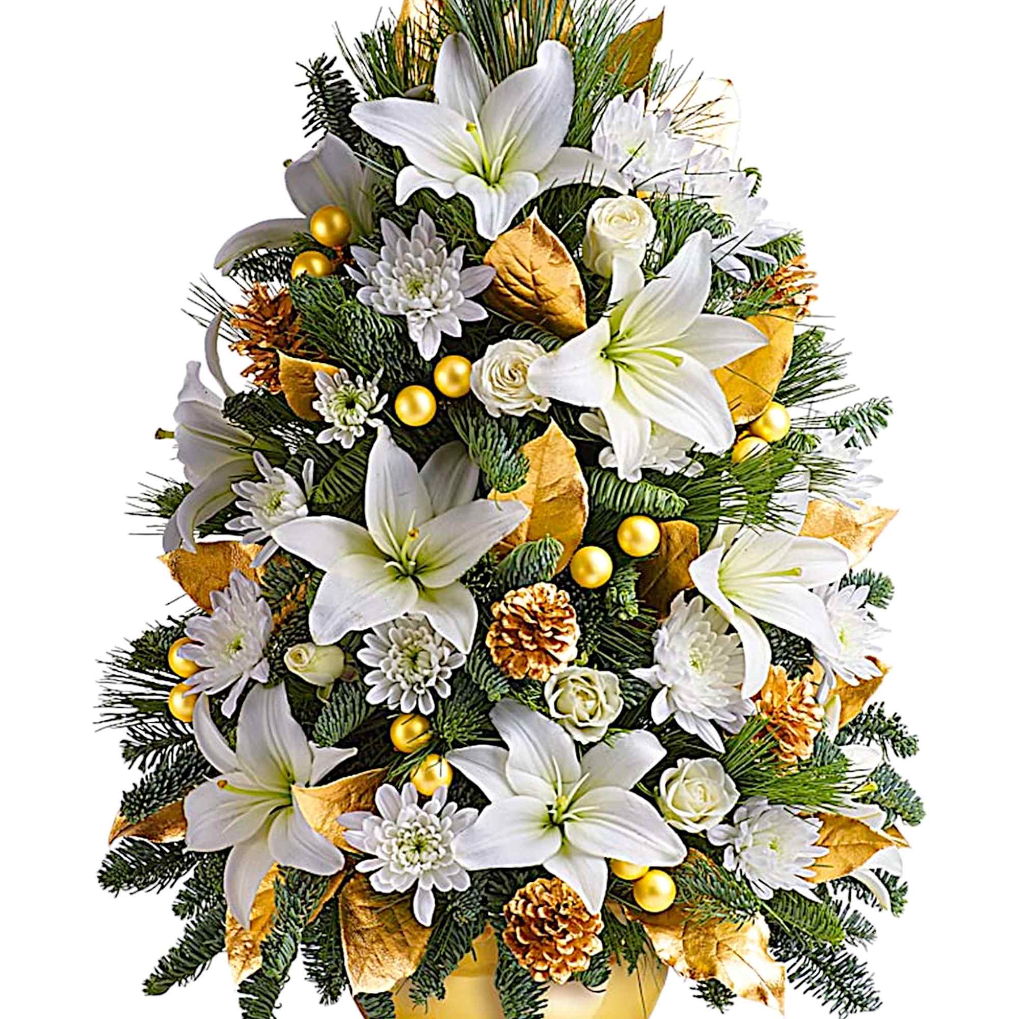 White lilies and chrysanthemums in a gold vase with pinecones and gold accents