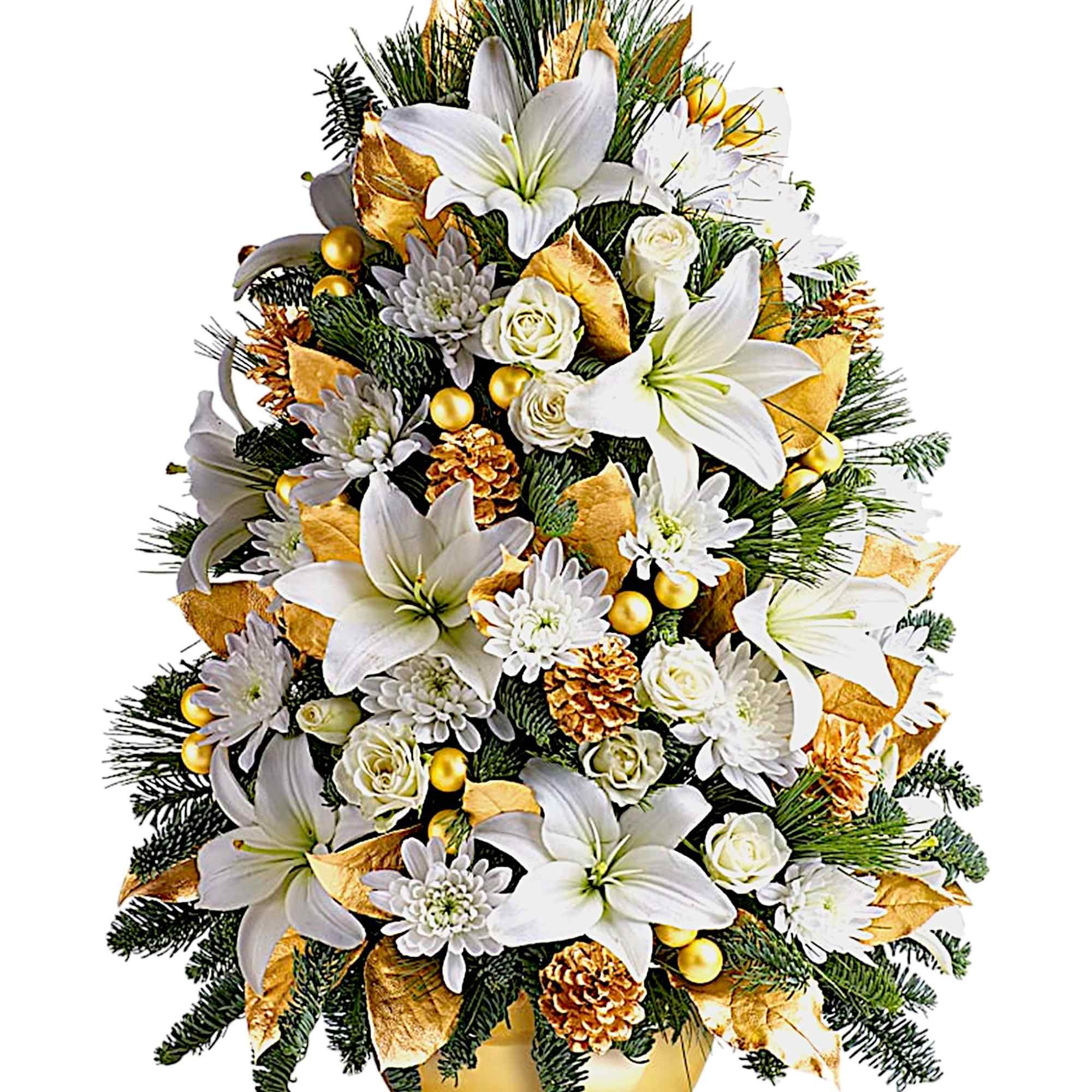 White lilies and daisies arranged in a gold vase with pinecones and gold accents