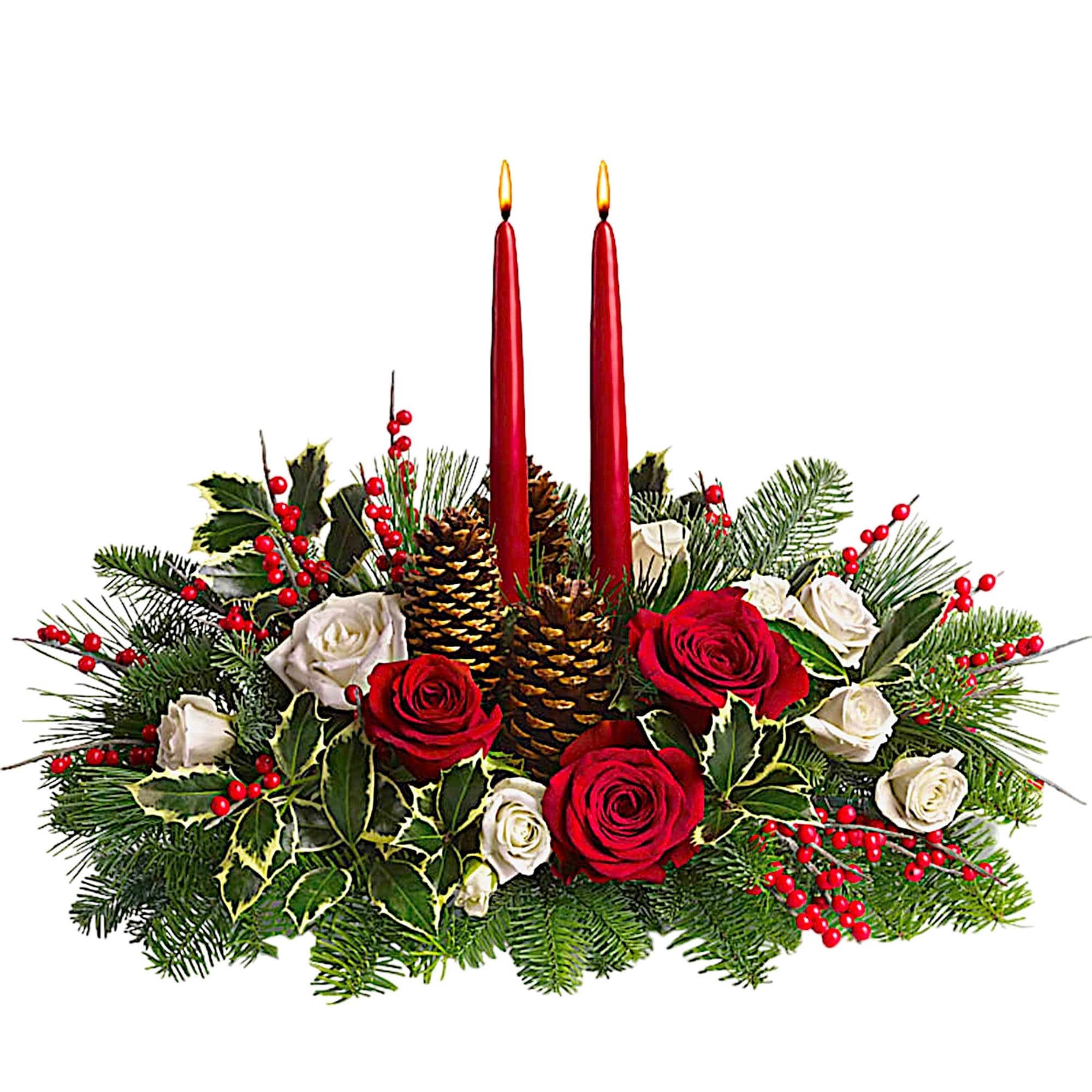 Holiday centerpiece with red candles, roses, pinecones, and evergreen branches