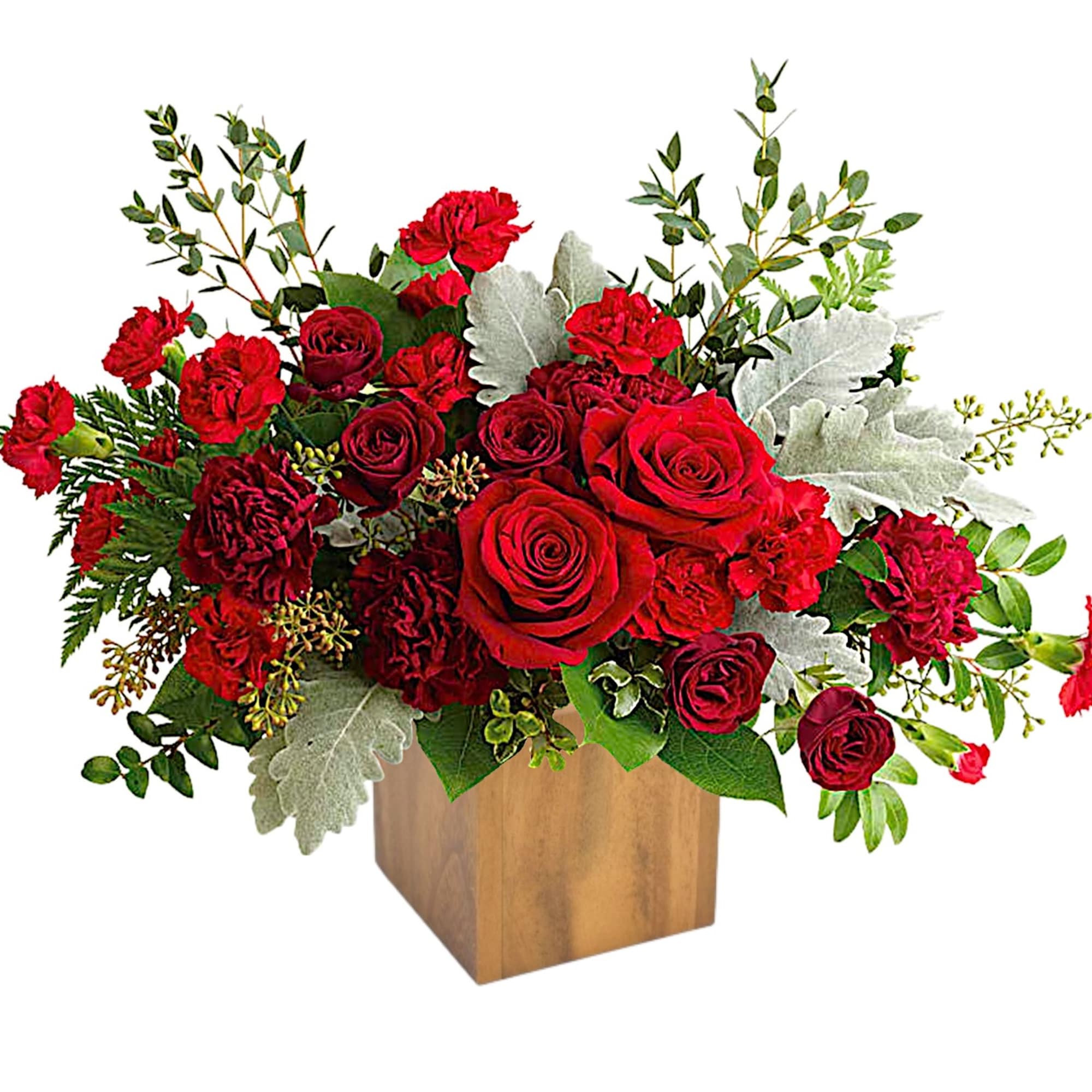 Red rose and carnation arrangement in a wooden cube vase