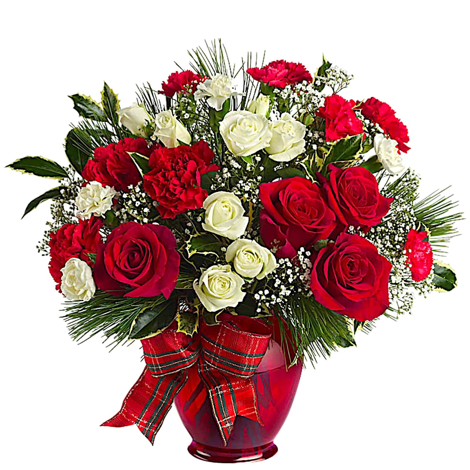 Red and white rose bouquet in a red vase with a plaid ribbon