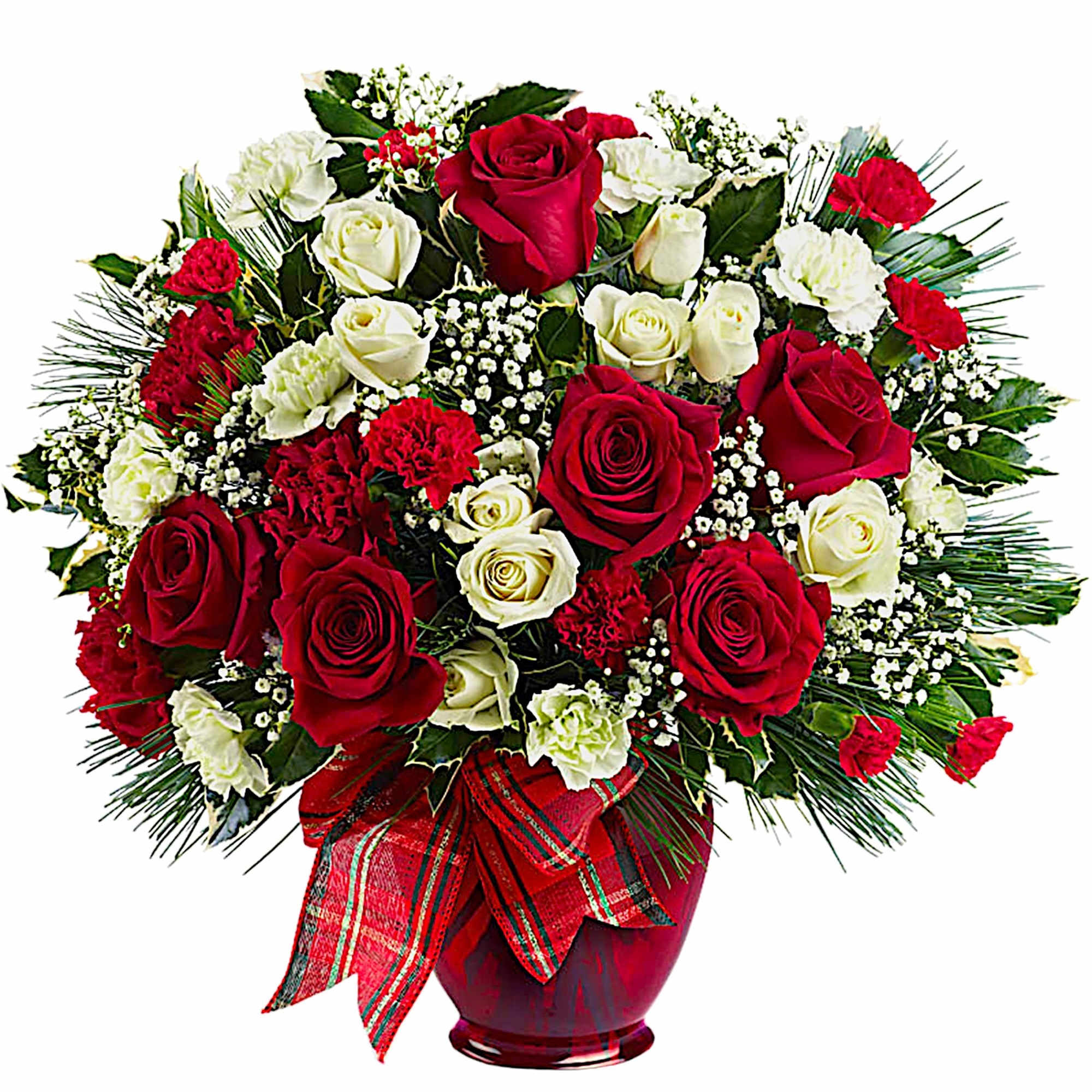 Red and white roses arranged in a glass vase with a plaid ribbon