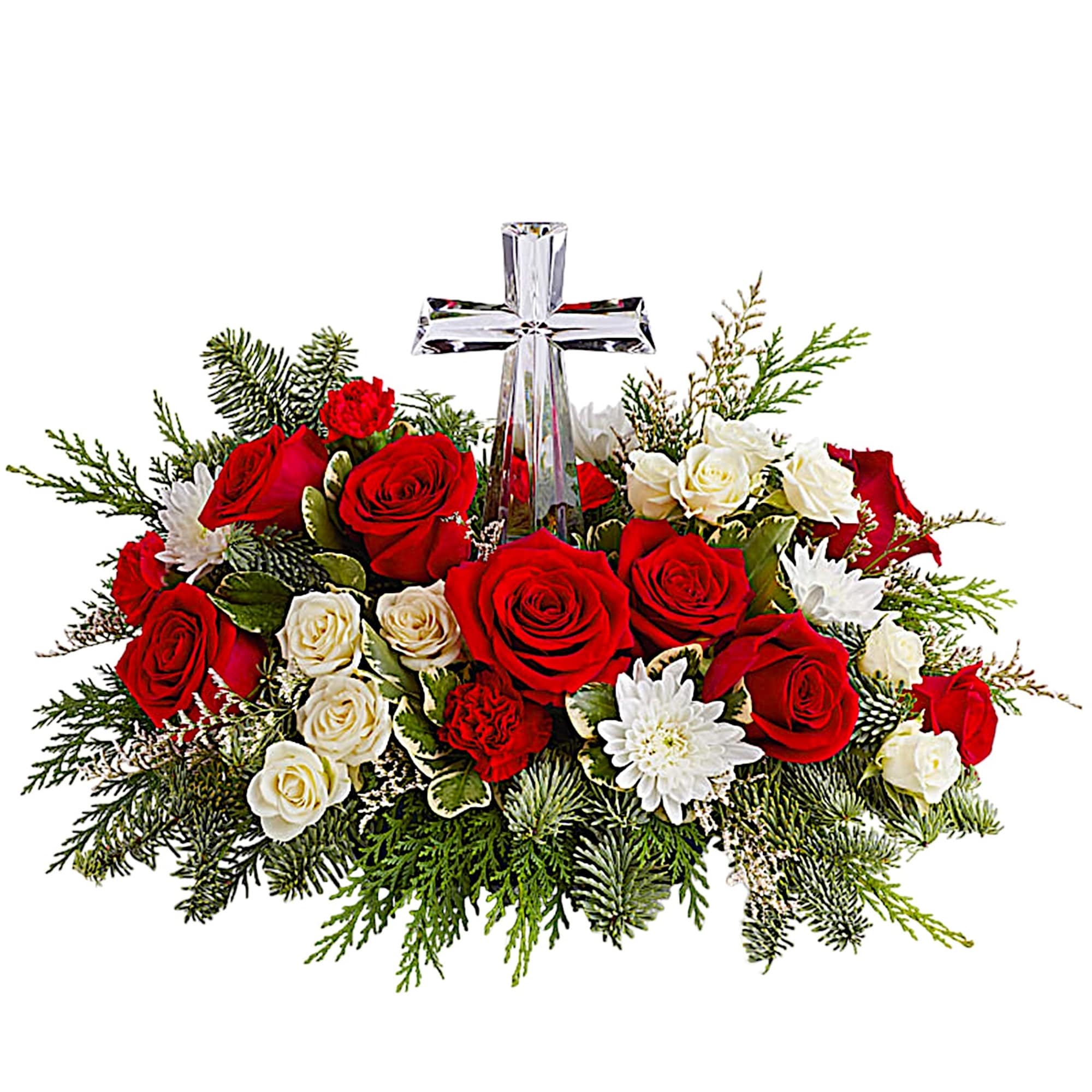 Red and white rose arrangement with a clear cross centerpiece