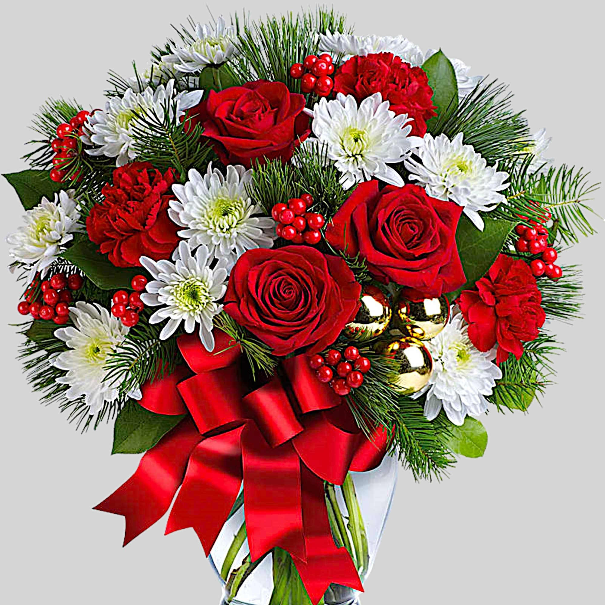 Red roses and white daisies in a glass vase with a red ribbon, photo 3 of 3