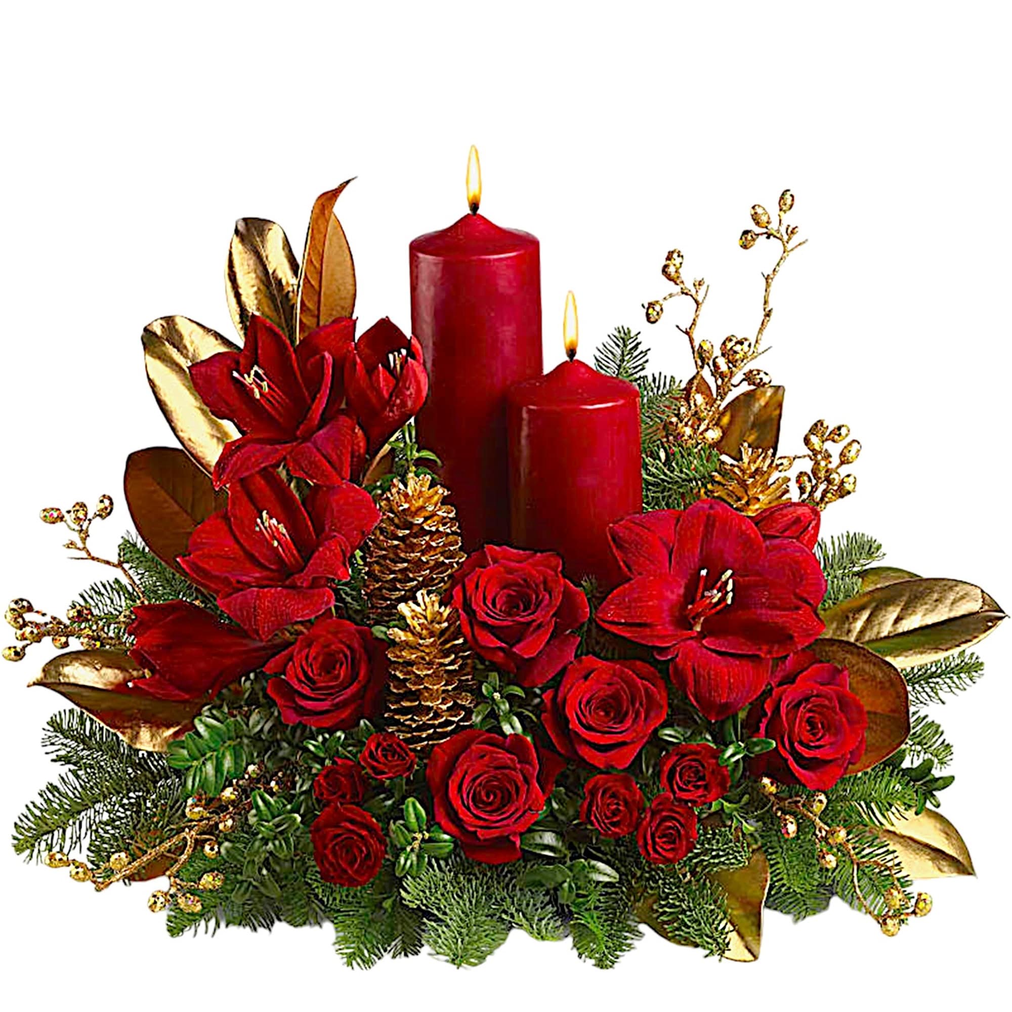 Red roses and amaryllis with two lit red candles in a holiday centerpiece