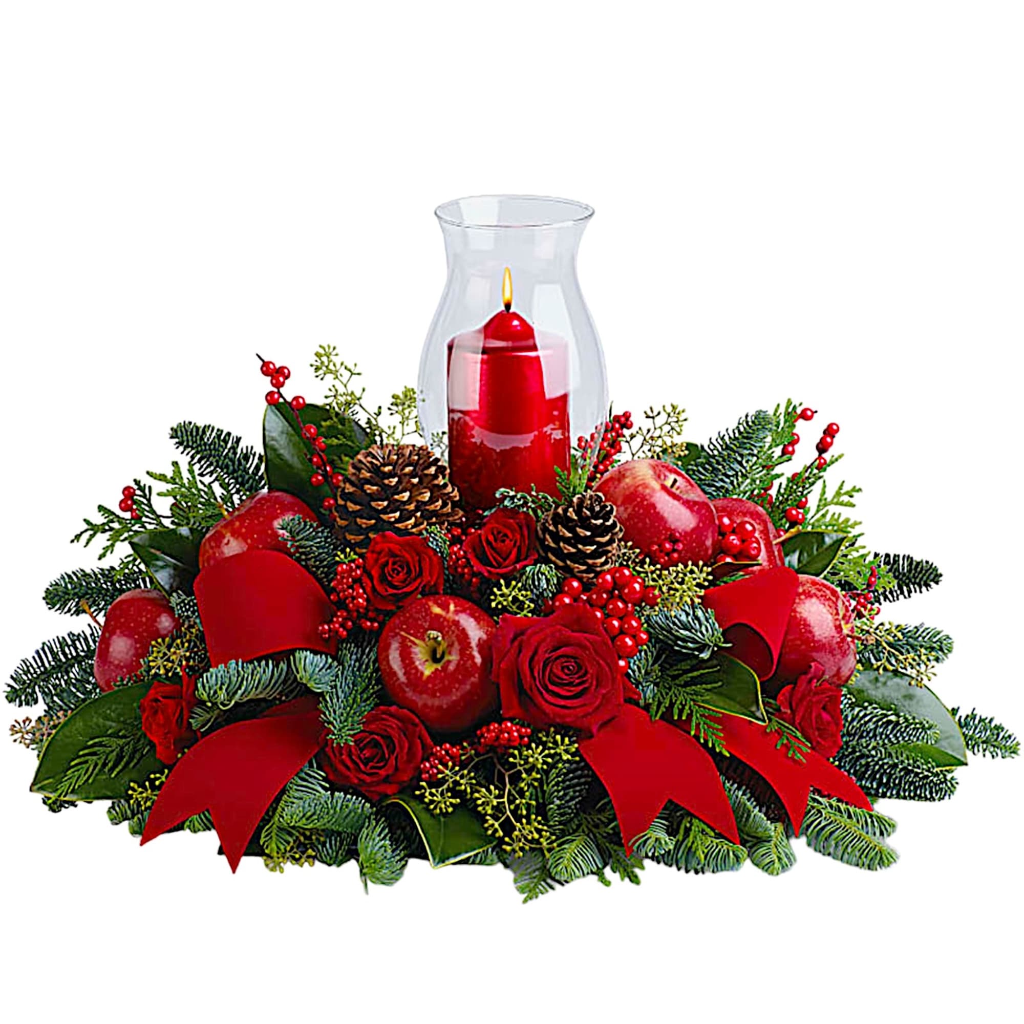 Red candle centerpiece with roses, apples, and pinecones