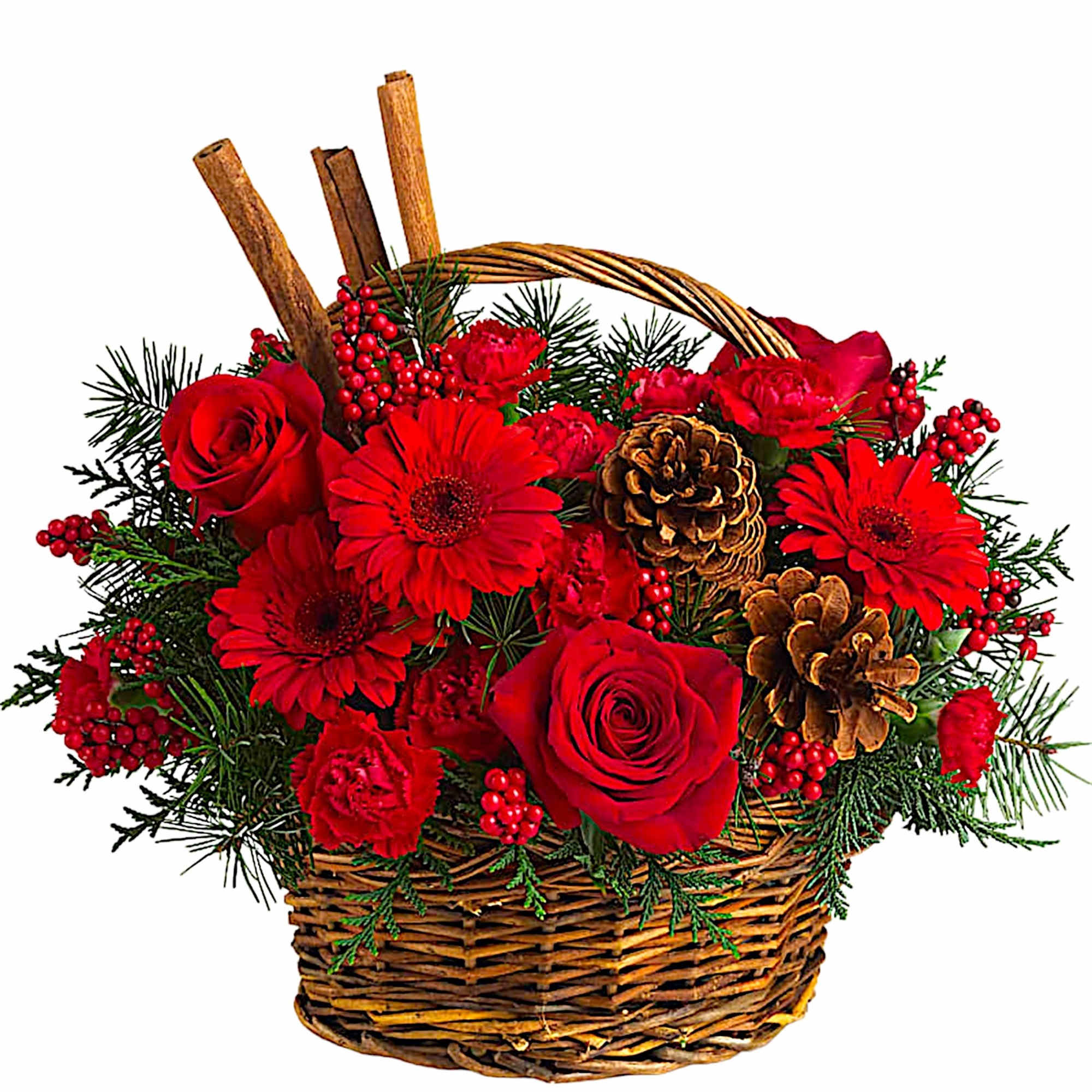 Red roses and gerbera daisies in a wicker basket with pinecones