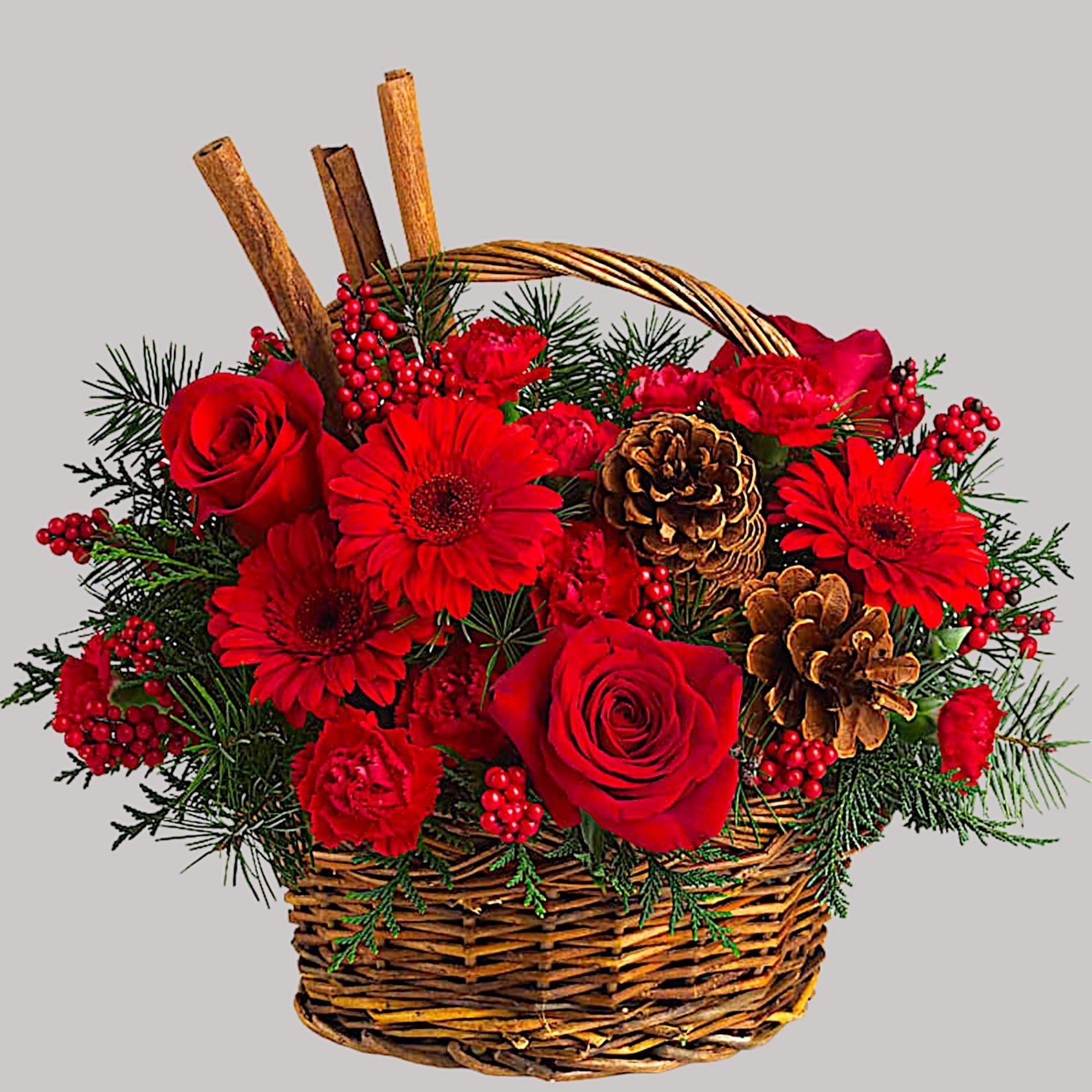 Red roses and gerbera daisies in a wicker basket with pinecones, photo 4 of 4