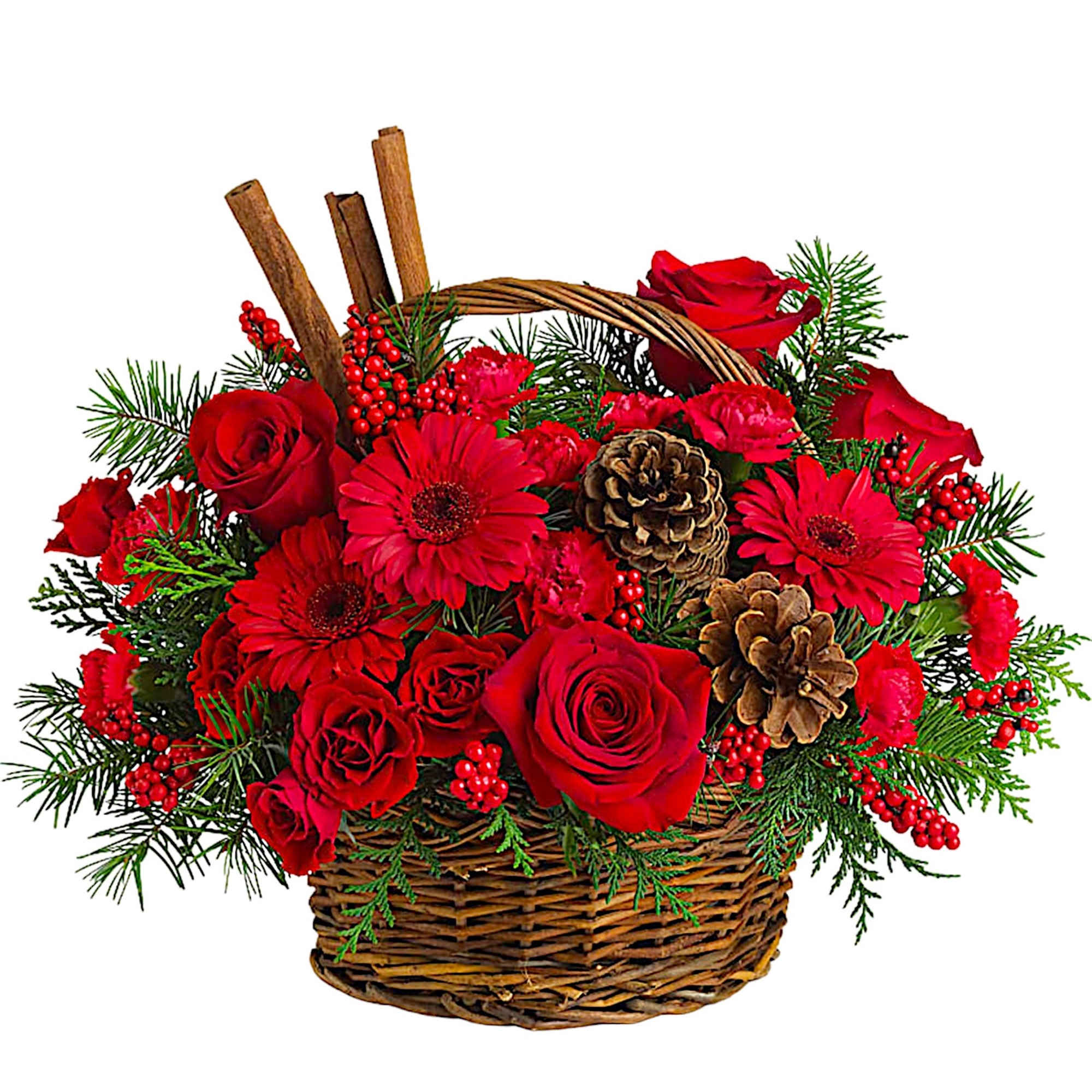Red roses and gerbera daisies in a wicker basket with pinecones