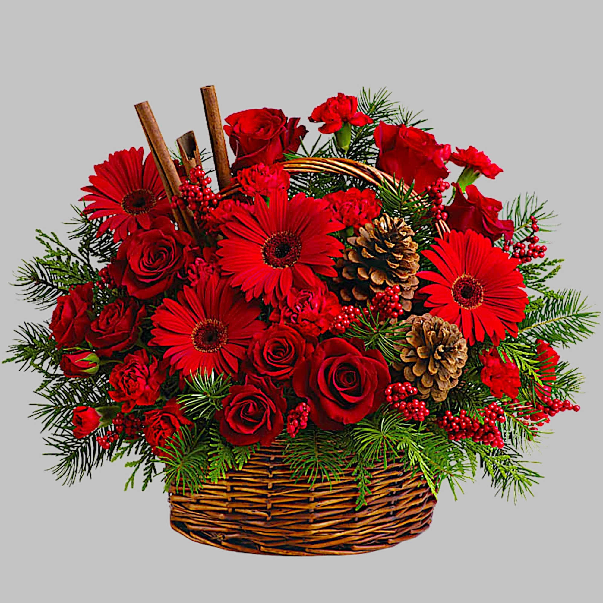 Red roses and gerbera daisies in a wicker basket with pinecones, photo 4 of 4