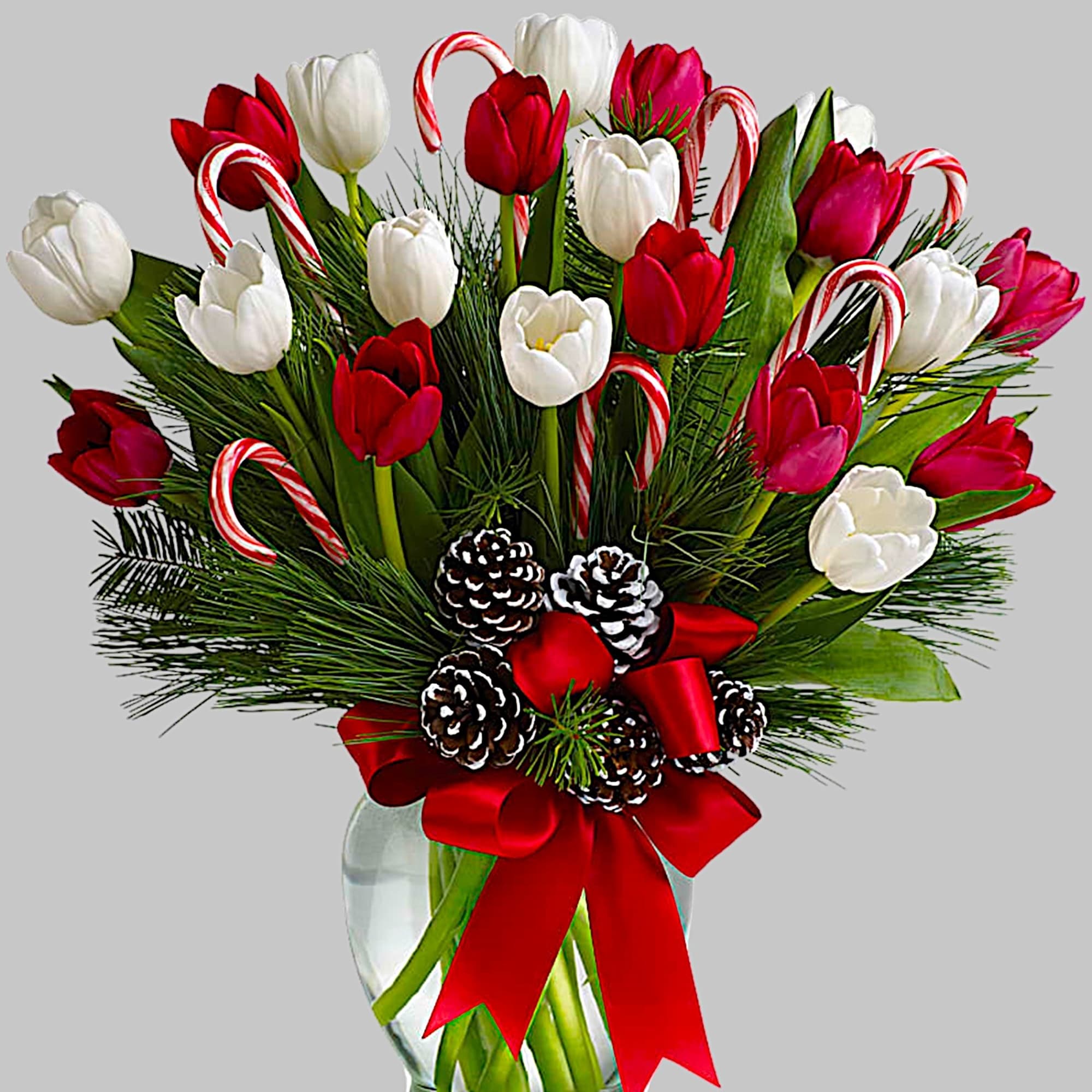 Bouquet of red and white tulips with candy canes in a glass vase, photo 4 of 4