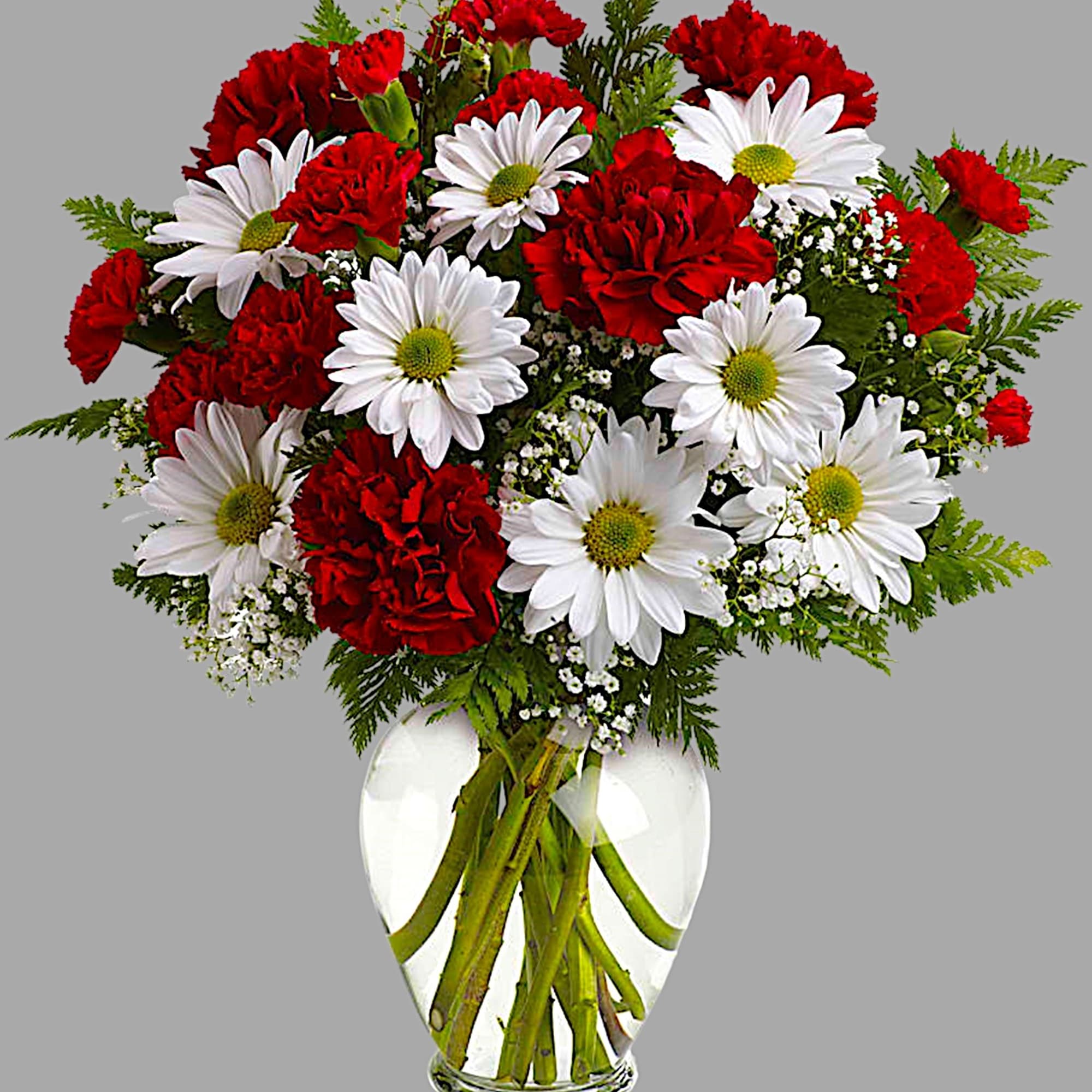 Red carnations and white daisies in a clear glass vase, photo 3 of 3