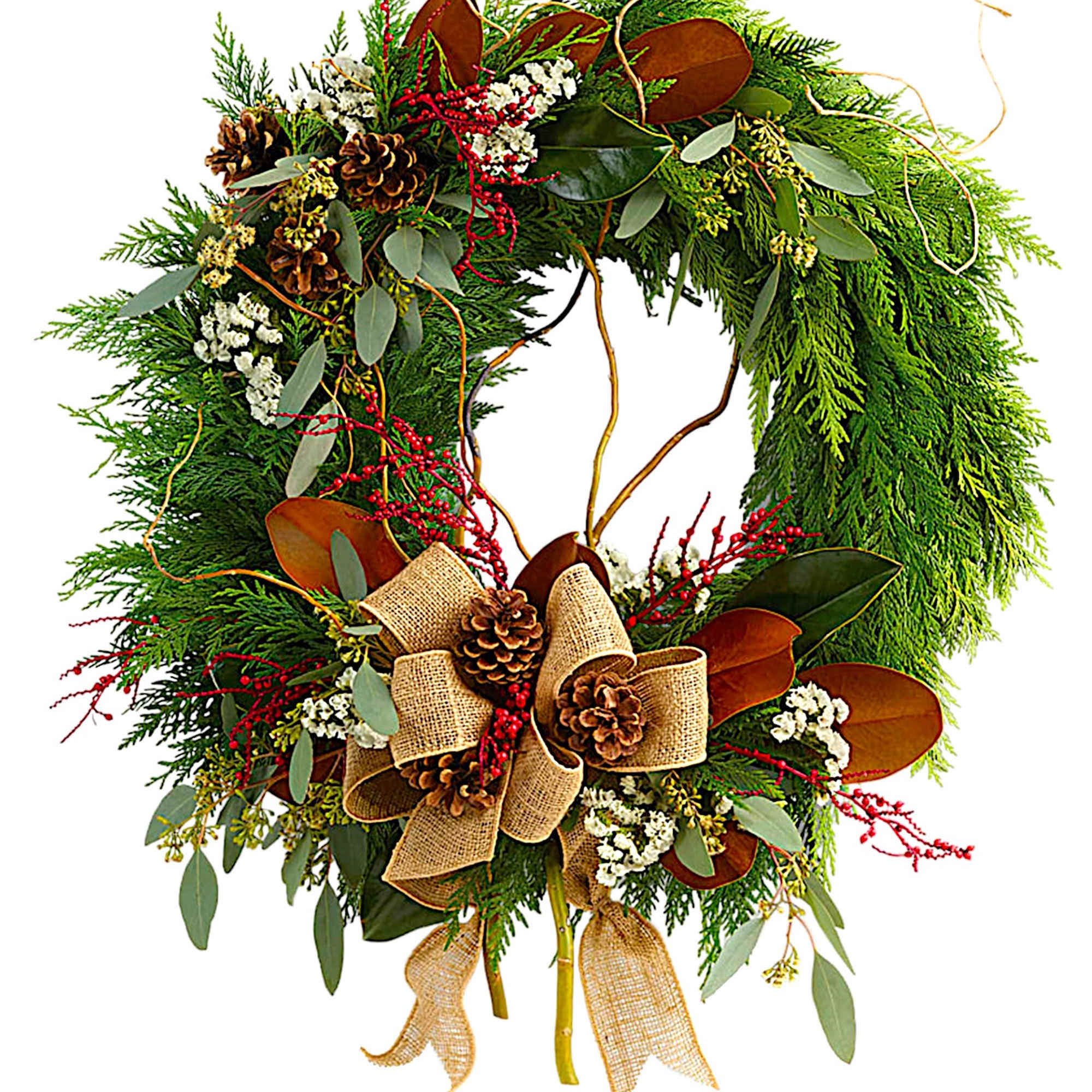 Holiday wreath with pinecones, berries, and burlap bow