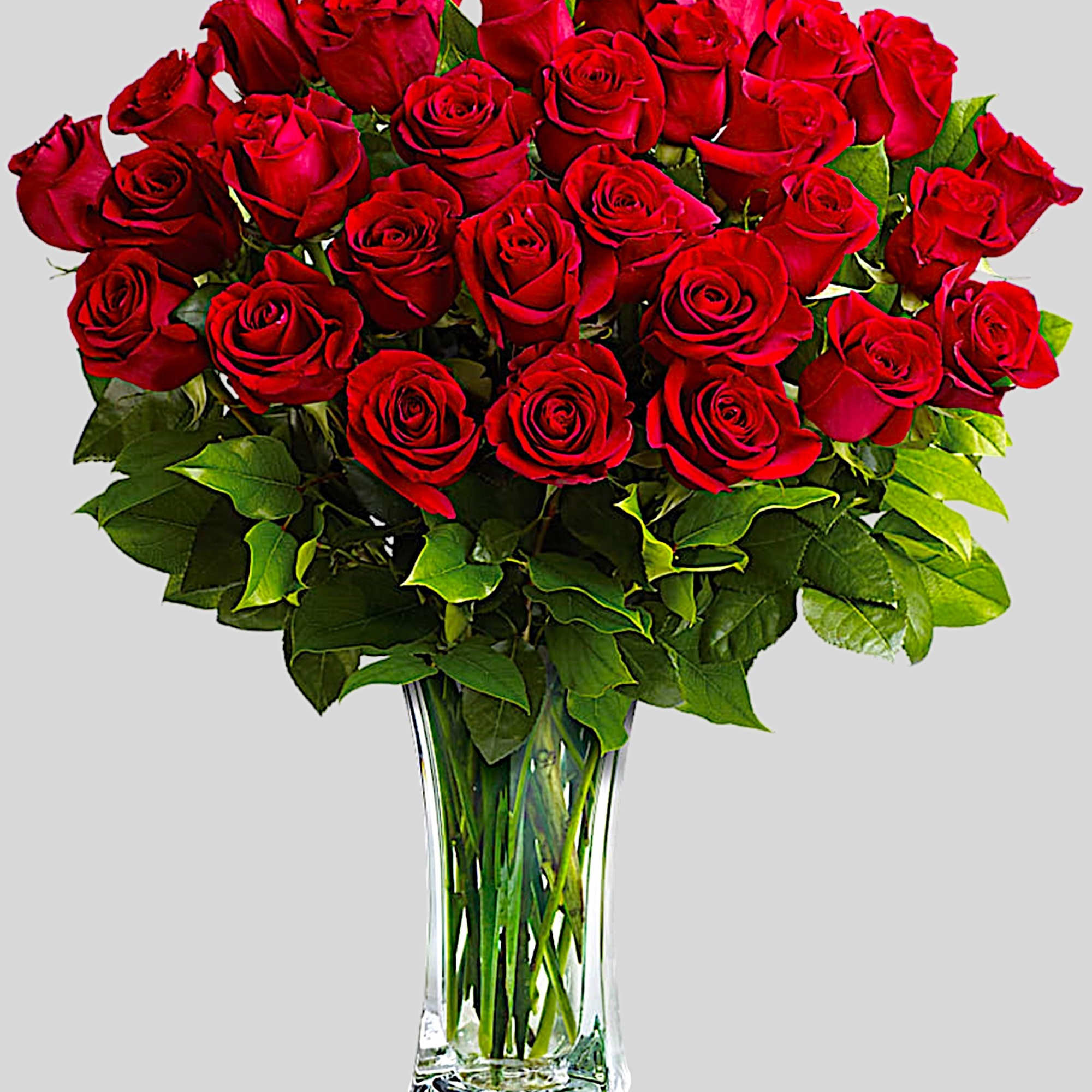 Bouquet of red roses in a clear glass vase, photo 3 of 3