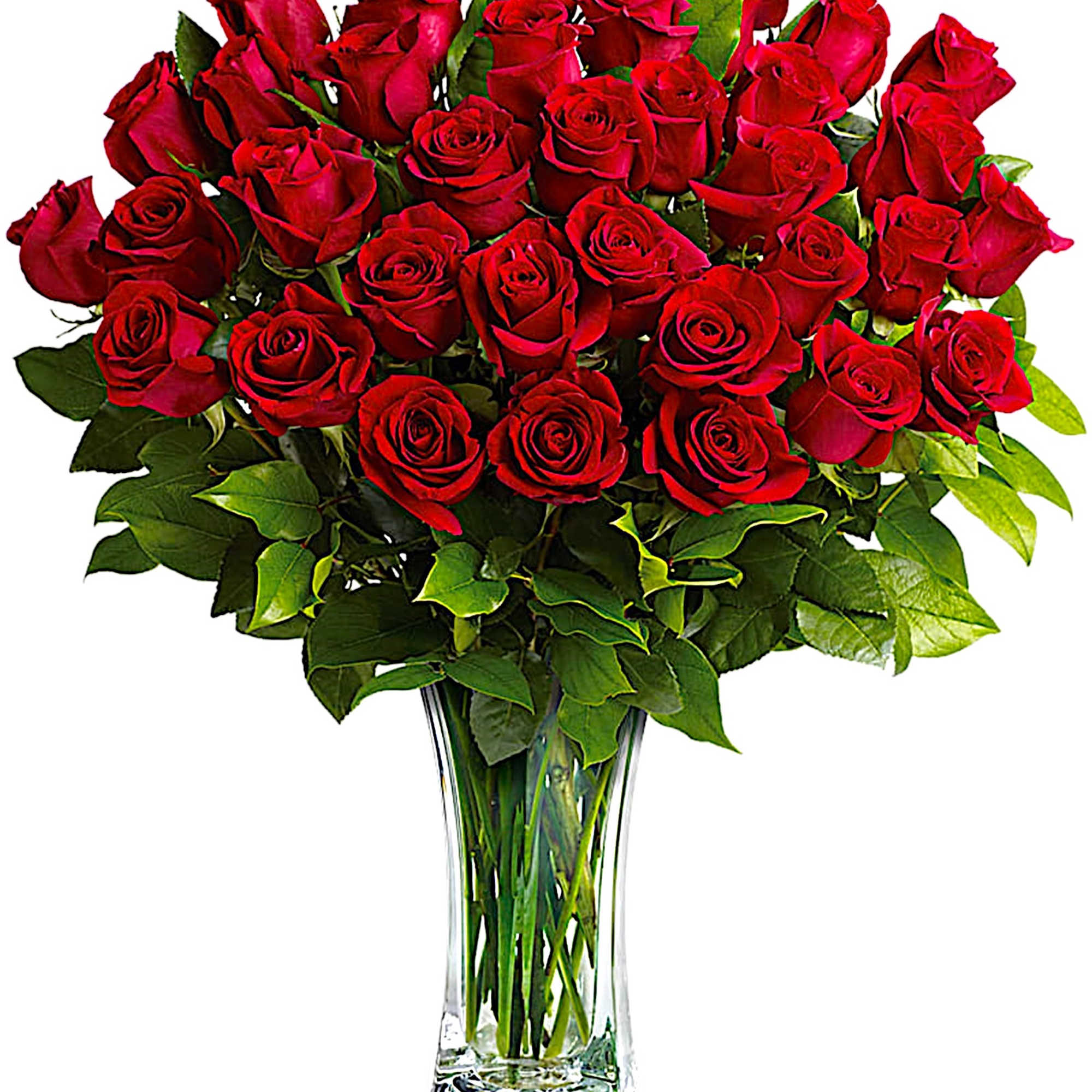 Bouquet of red roses in a clear glass vase
