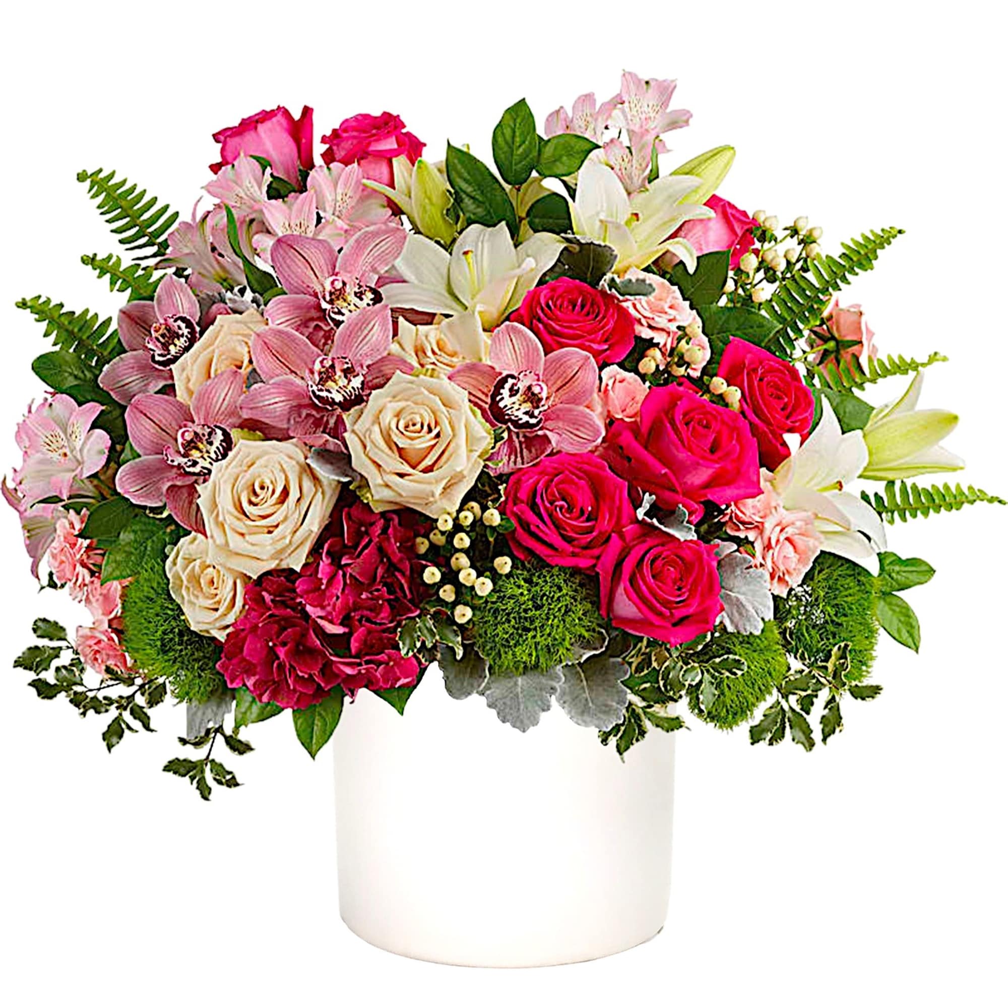 Bouquet of pink and white flowers in a white vase