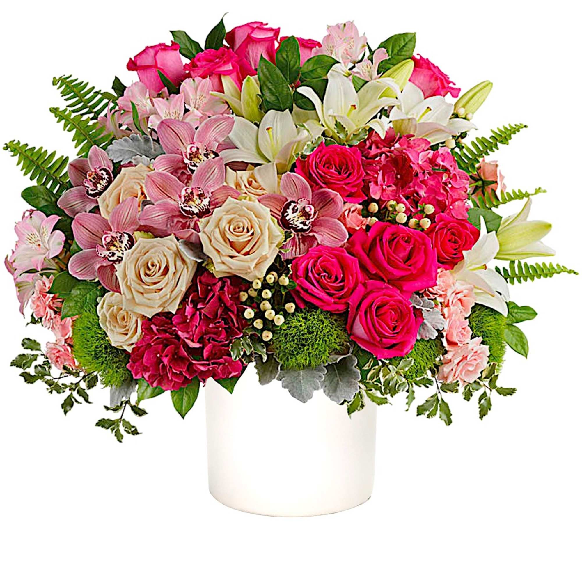 Bouquet of pink roses, lilies, and orchids in a white vase