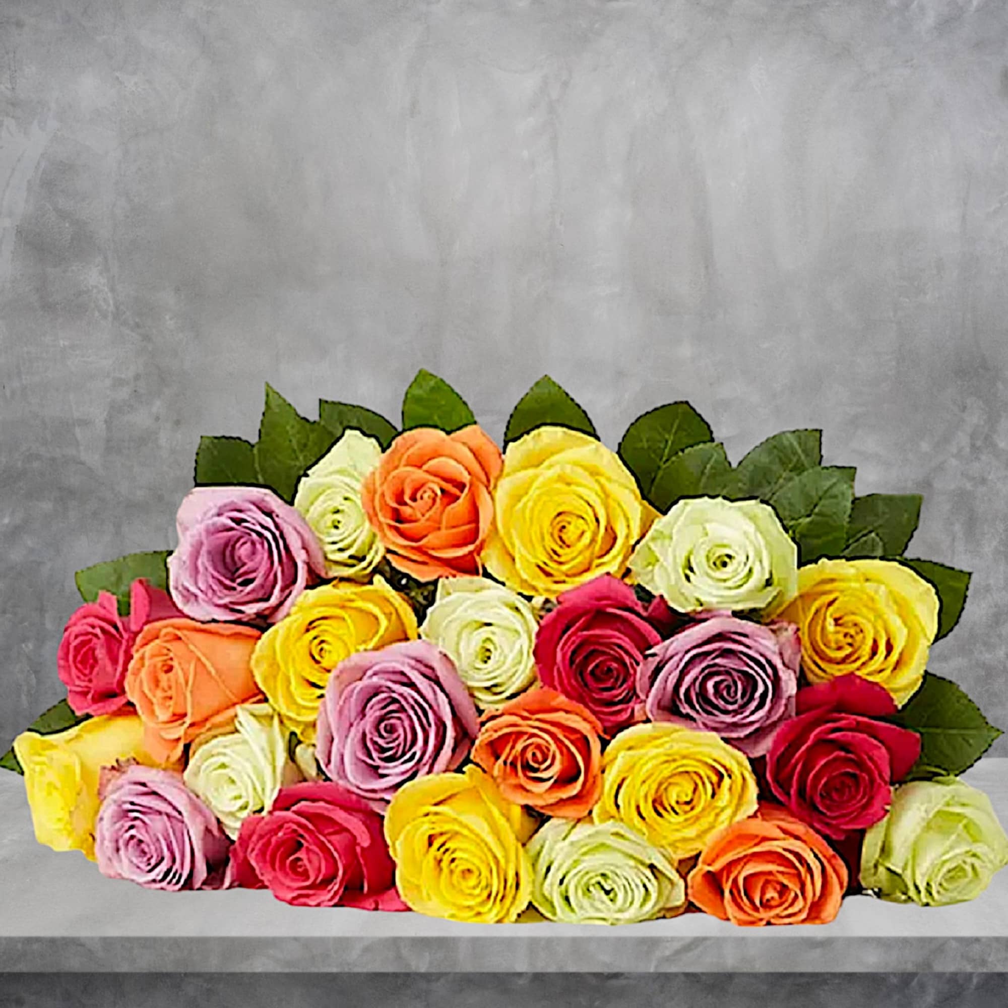 Bouquet of multicolored roses with green leaves