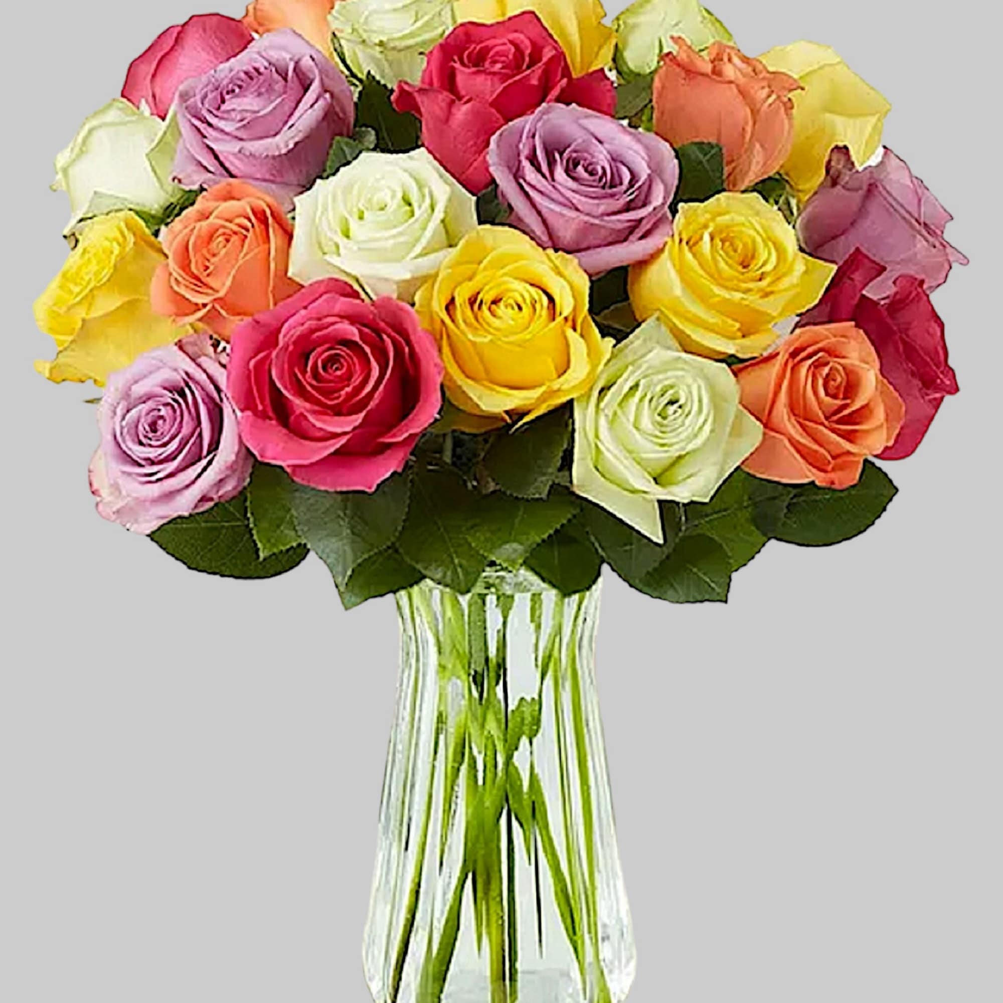 Bouquet of multicolored roses in a clear glass vase, photo 4 of 4