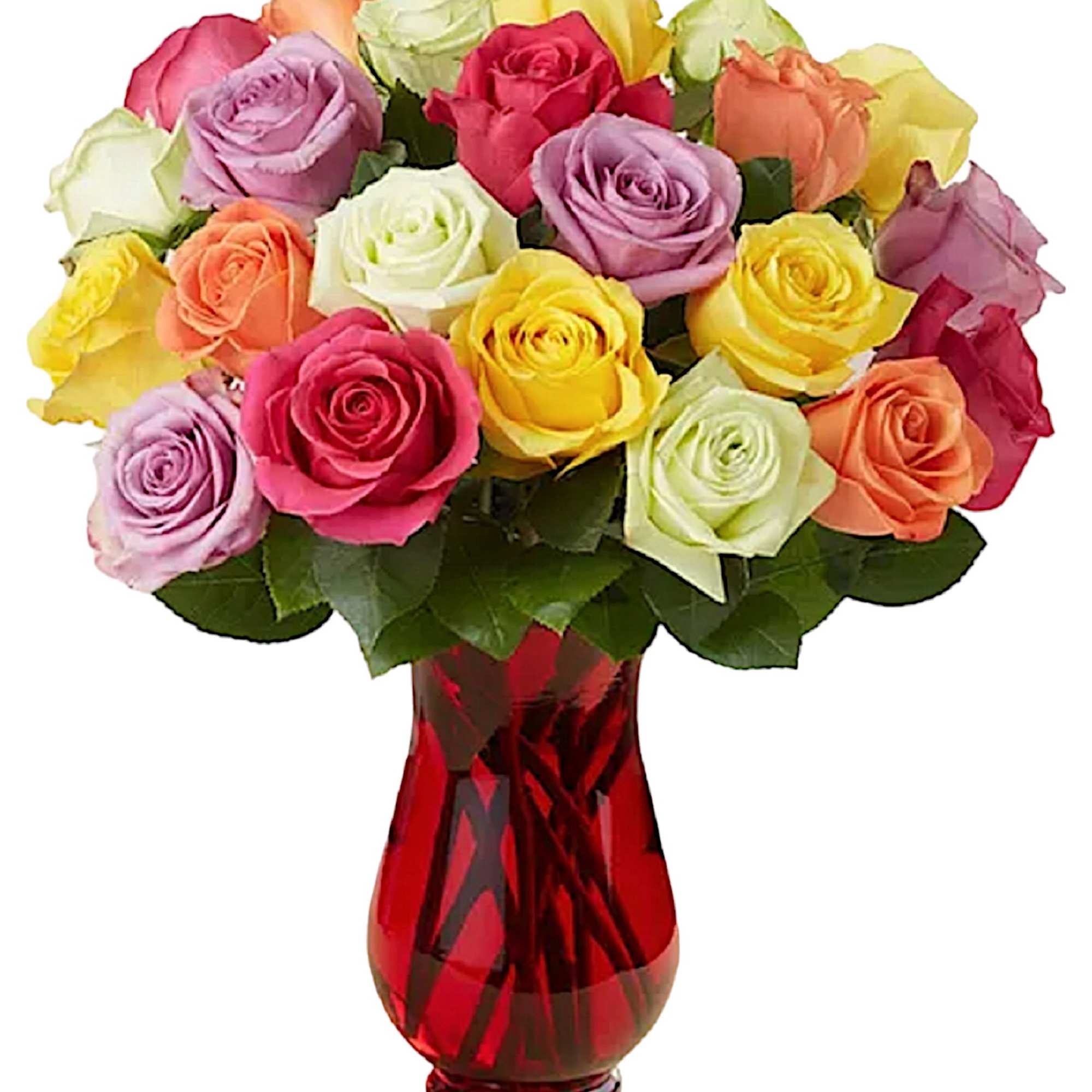 Bouquet of multicolored roses in a red glass vase