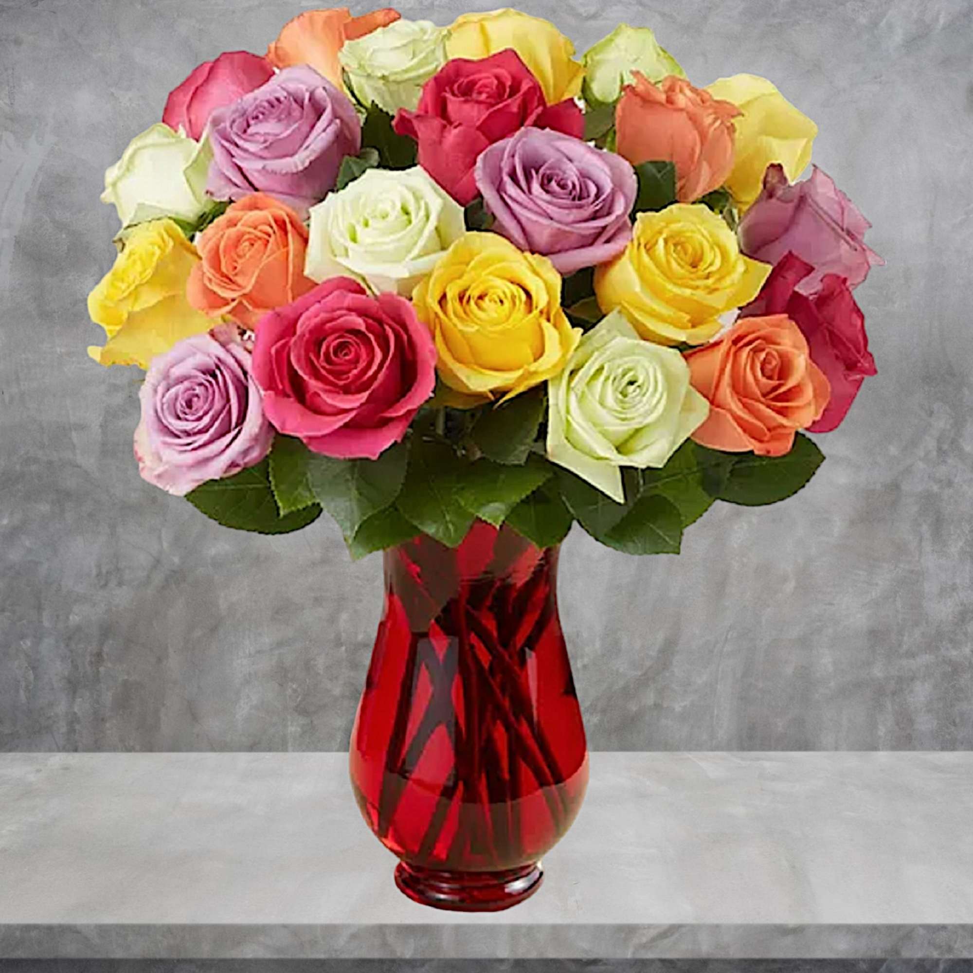 Bouquet of multicolored roses in a red glass vase, photo 2 of 4