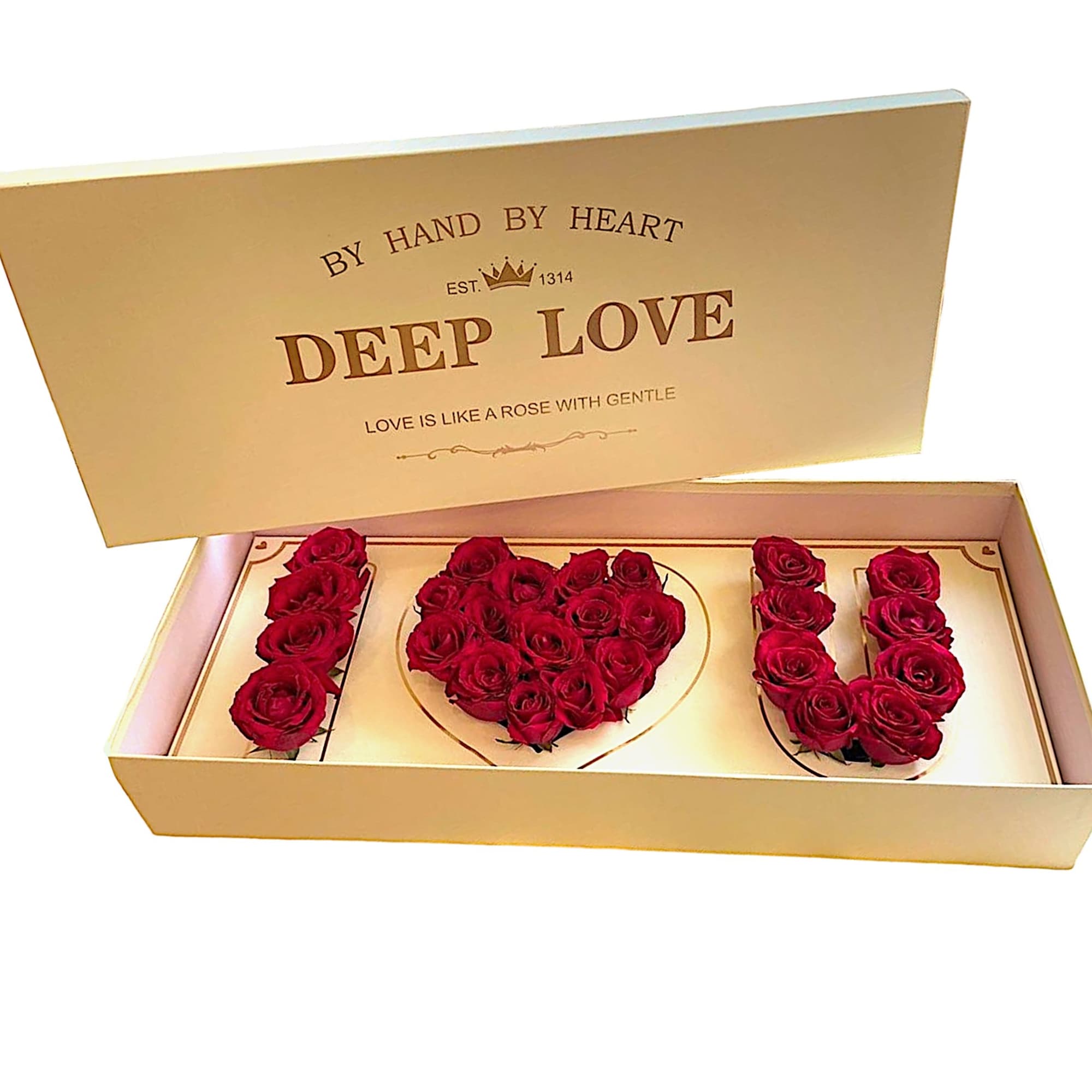 Boxed red roses arranged to spell "I LOVE"