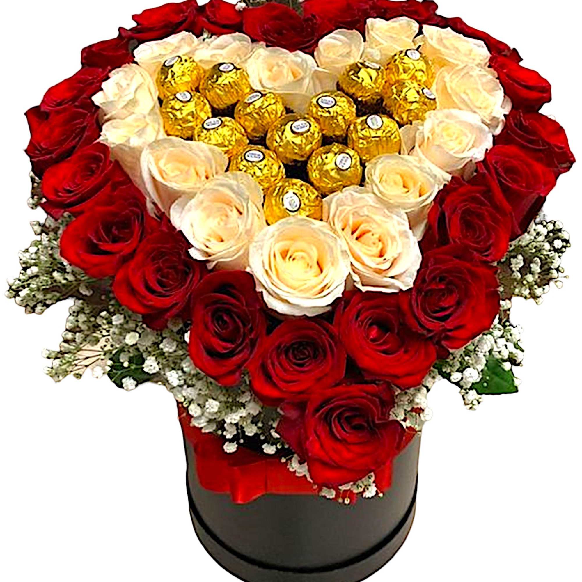 Heart-shaped rose arrangement with chocolates in a black box