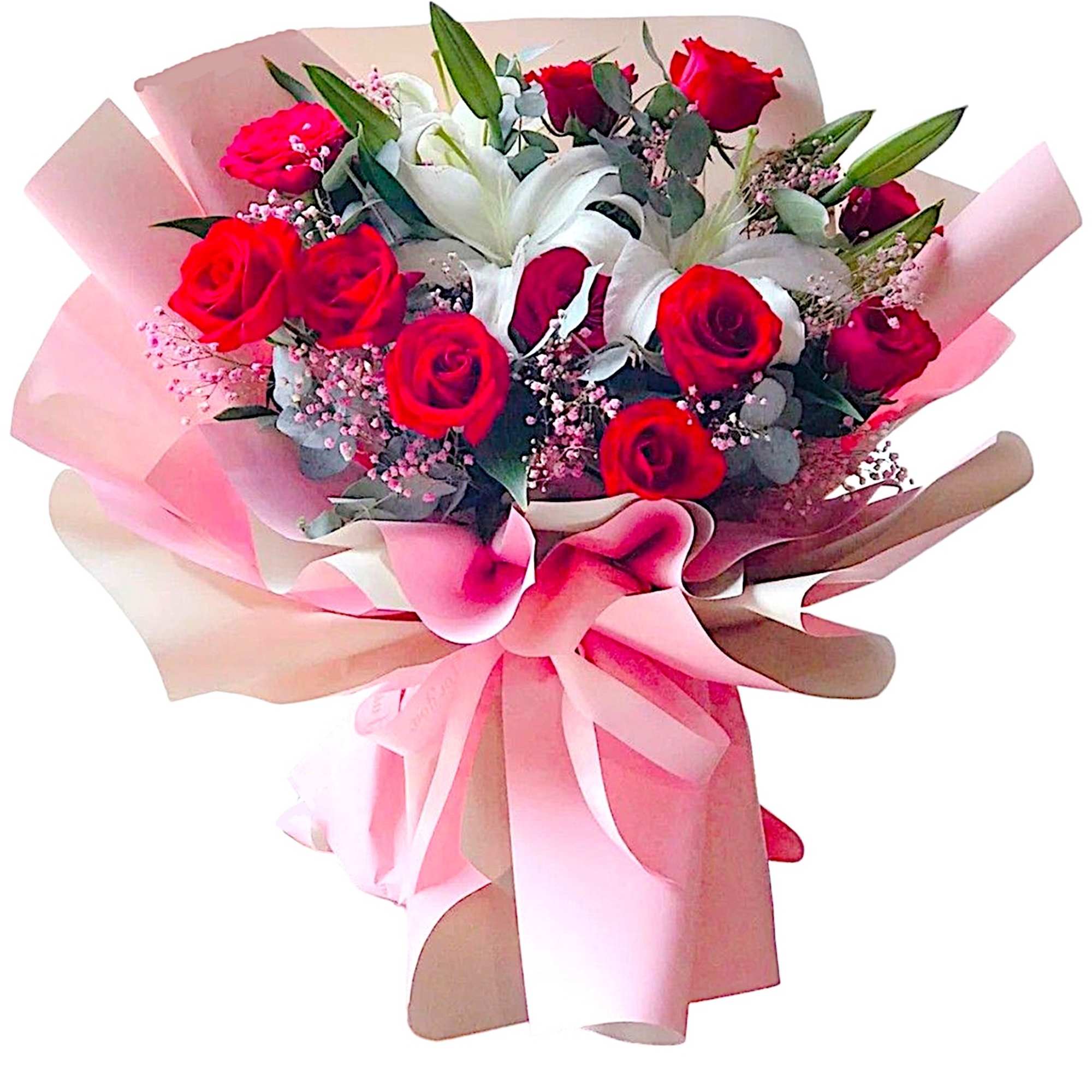 Bouquet of red roses and white lilies wrapped in pink paper