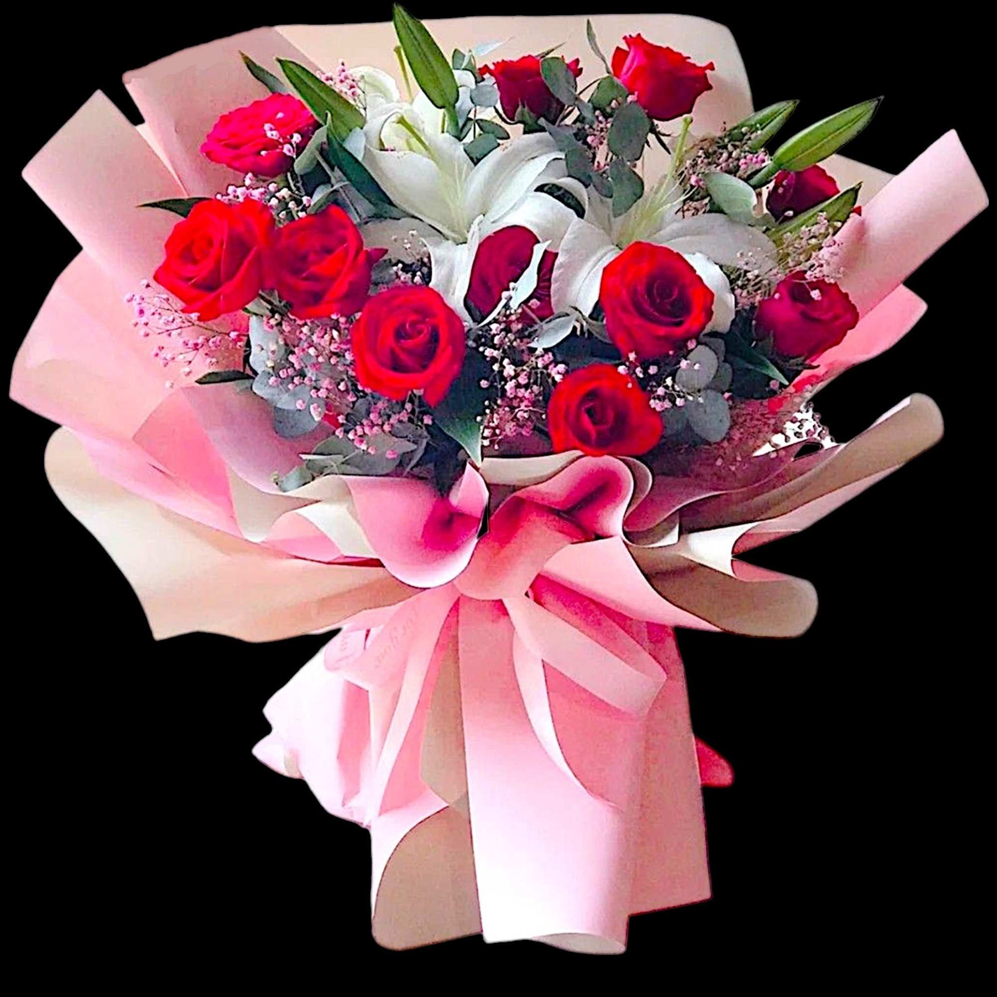 Bouquet of red roses and white lilies wrapped in pink paper, photo 4 of 4