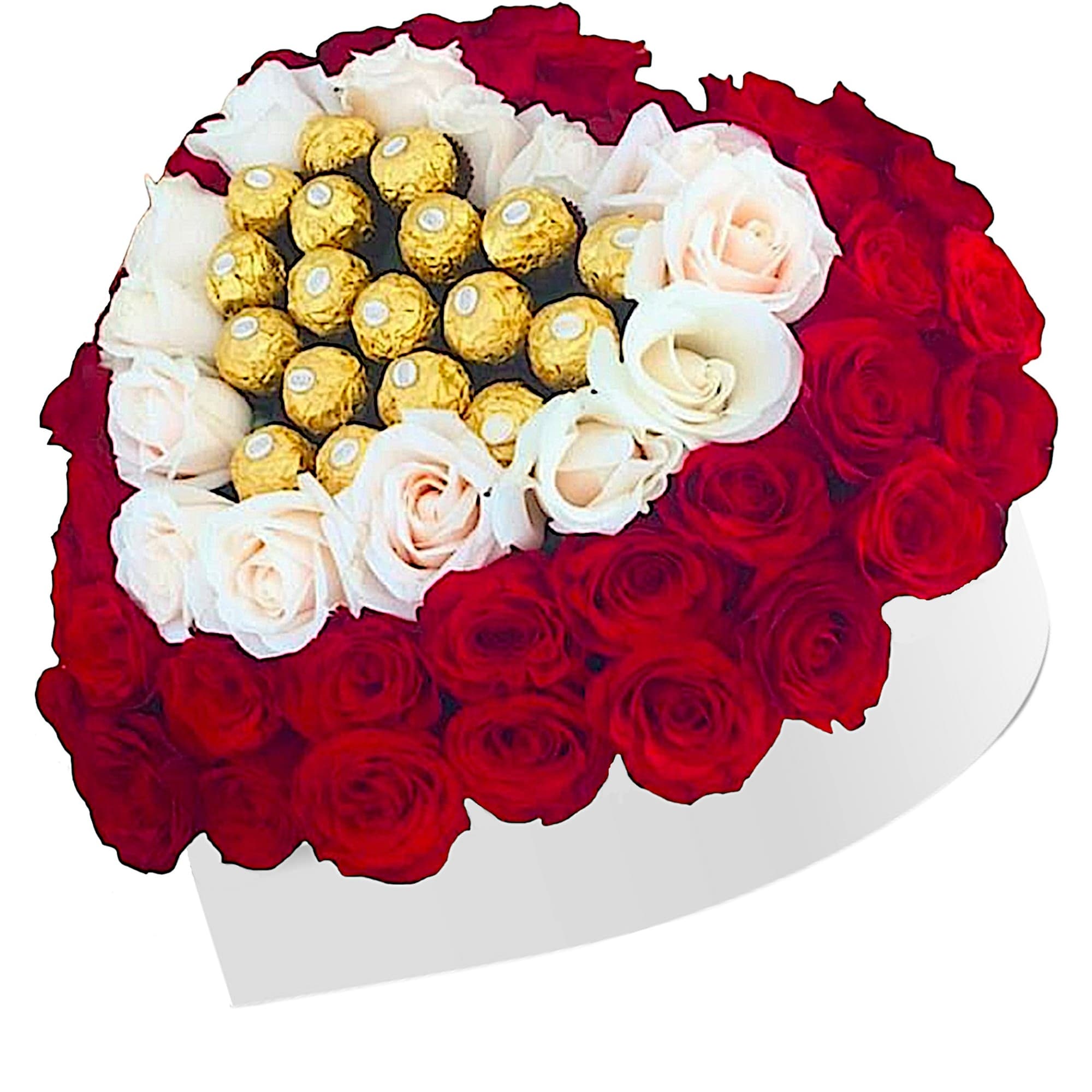 Heart-shaped bouquet of red and white roses with gold chocolates in the center