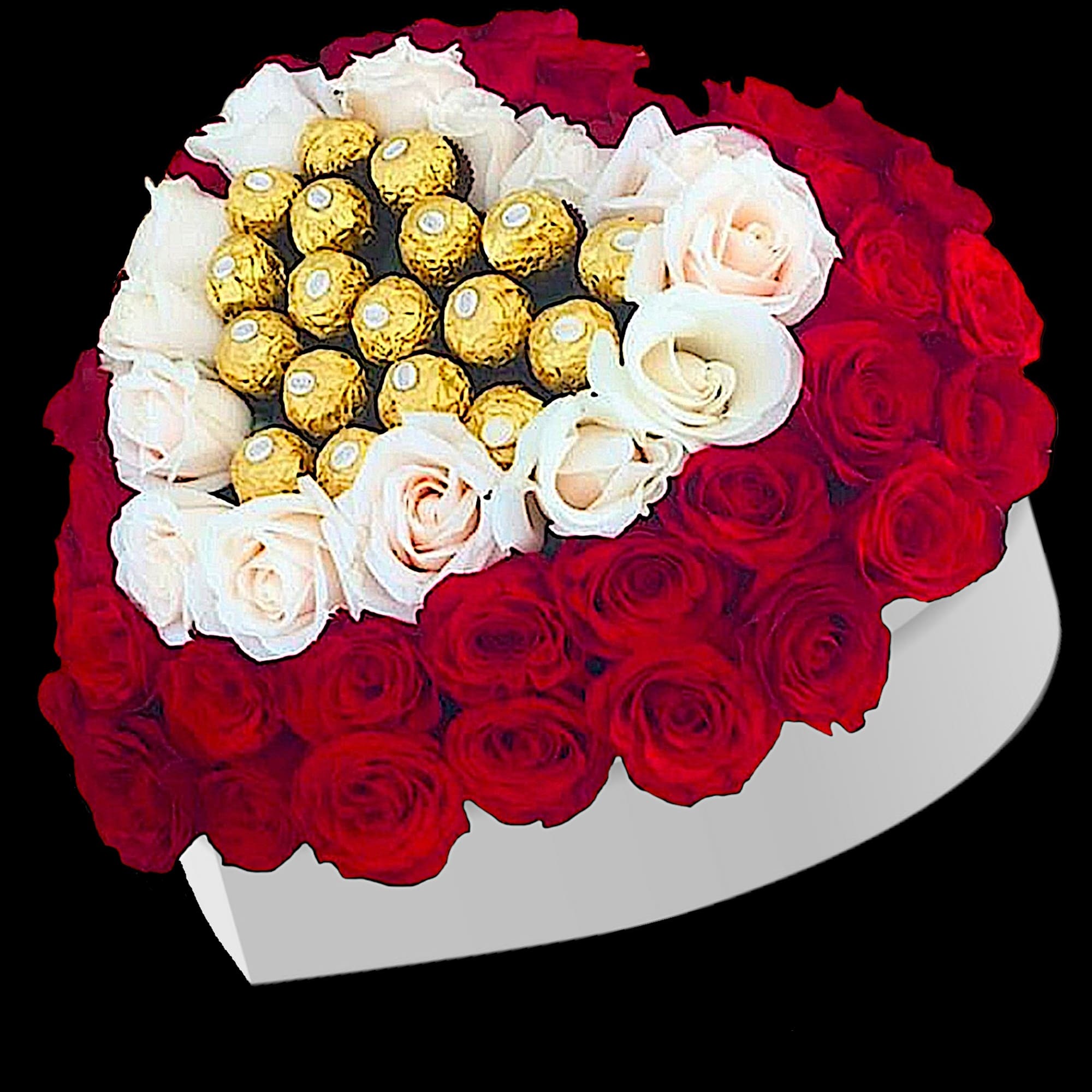 Heart-shaped bouquet of red and white roses with gold-wrapped chocolates, photo 3 of 4