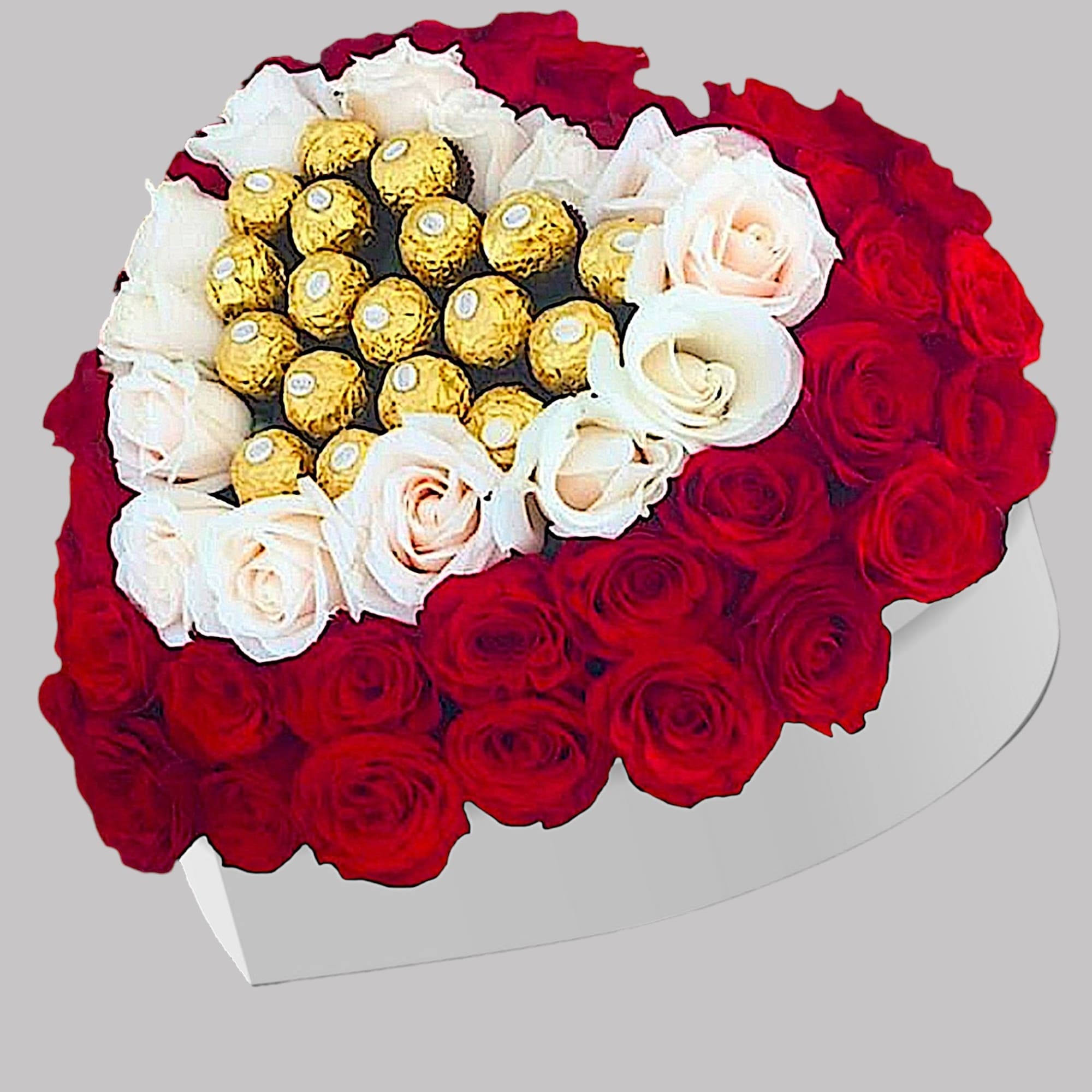 Heart-shaped bouquet of red and white roses with gold-wrapped chocolates, photo 4 of 4