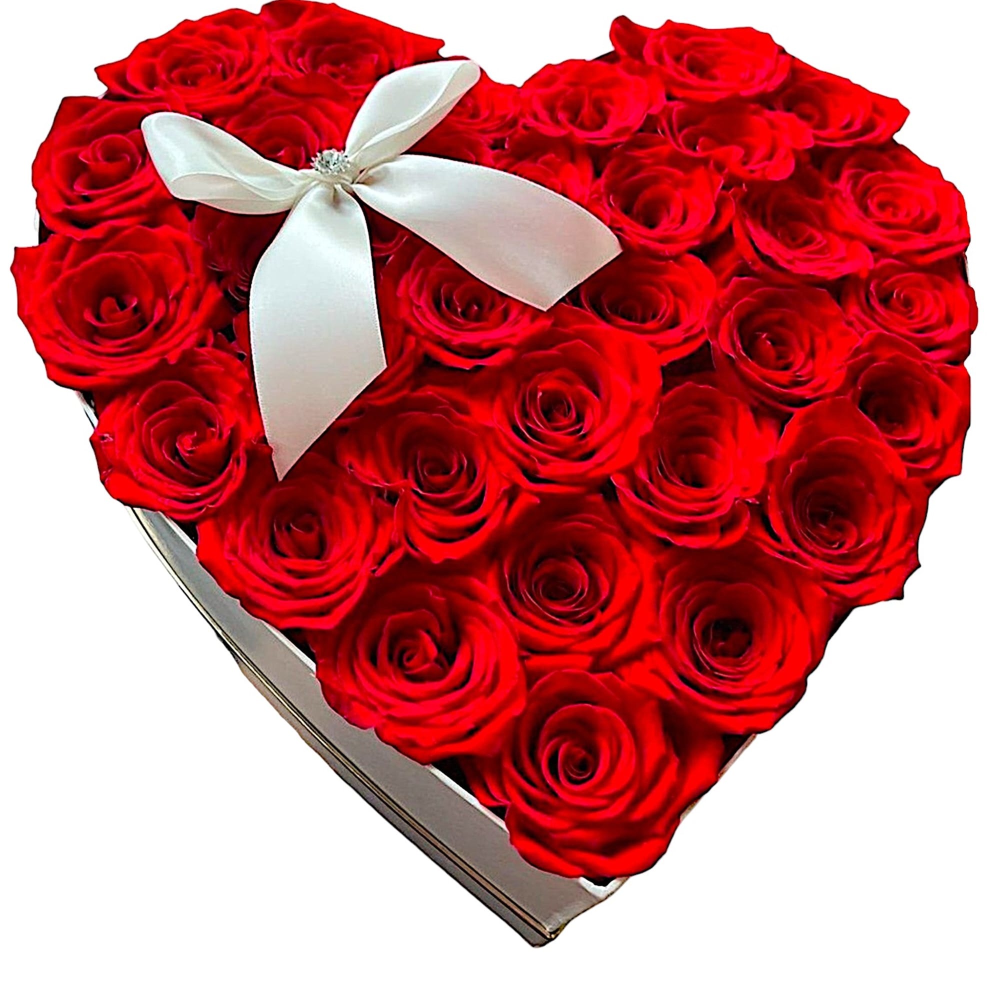 Heart-shaped box filled with red roses and a white ribbon bow