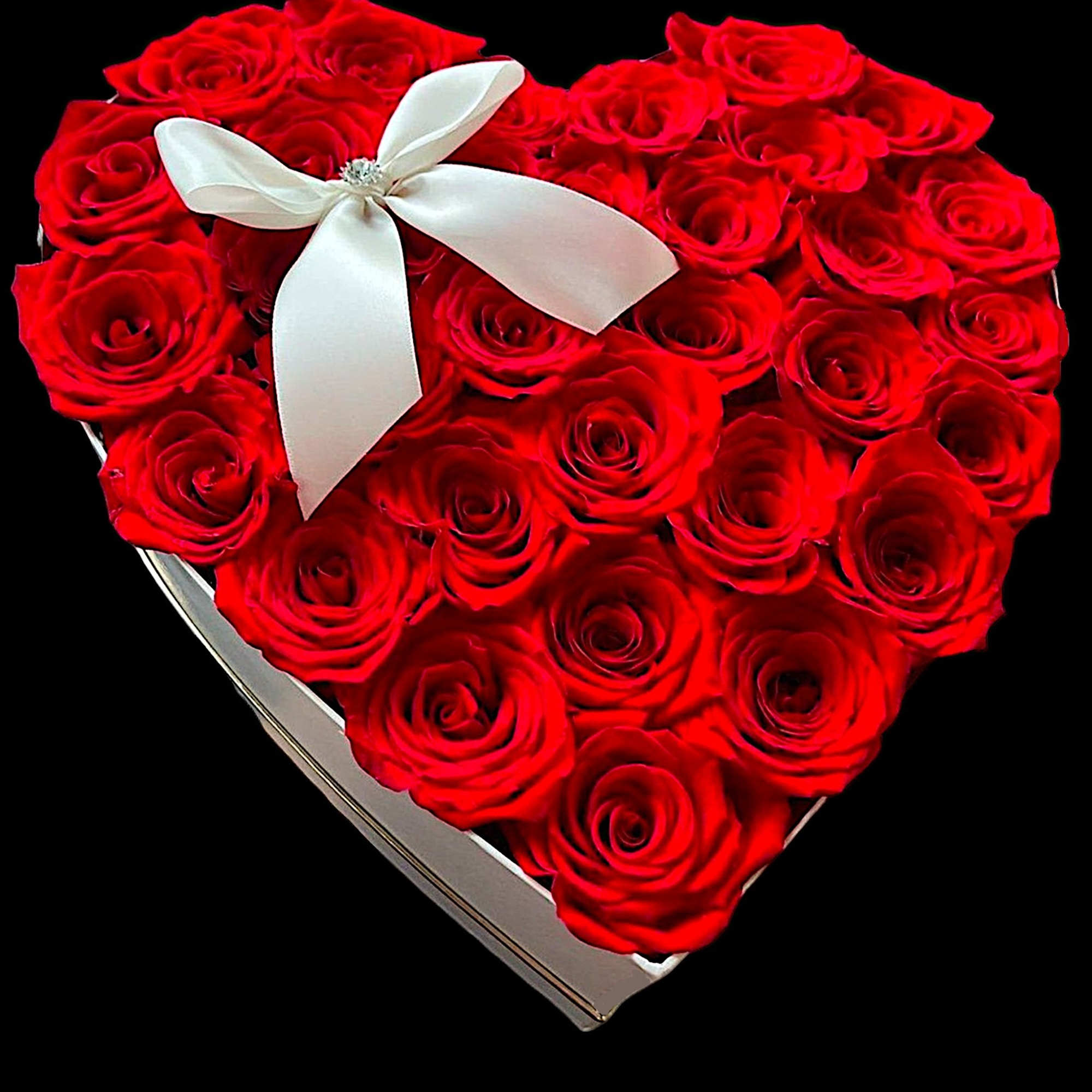 Heart-shaped box filled with red roses and a white ribbon bow, photo 3 of 4