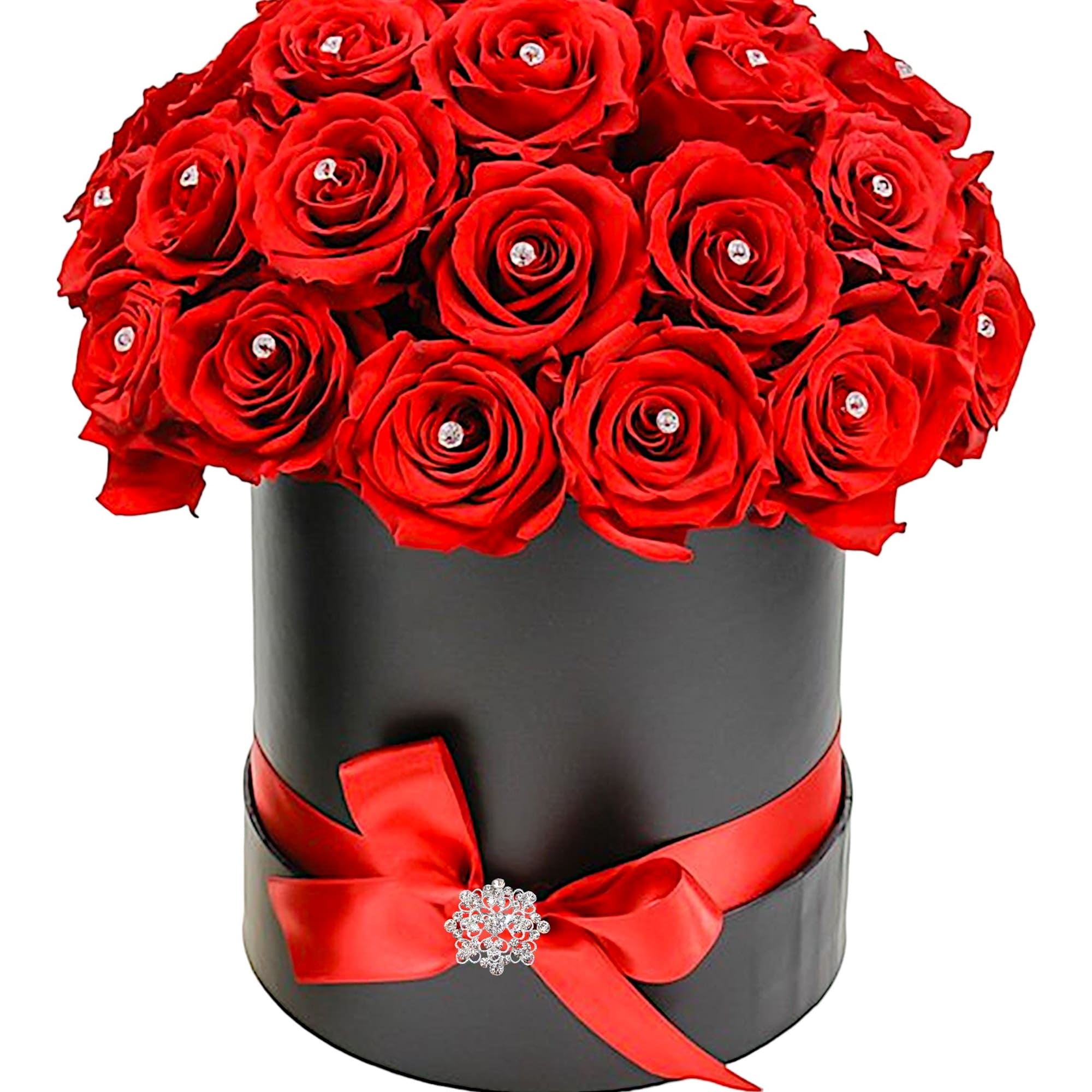 Red roses arranged in a black hatbox with a red ribbon