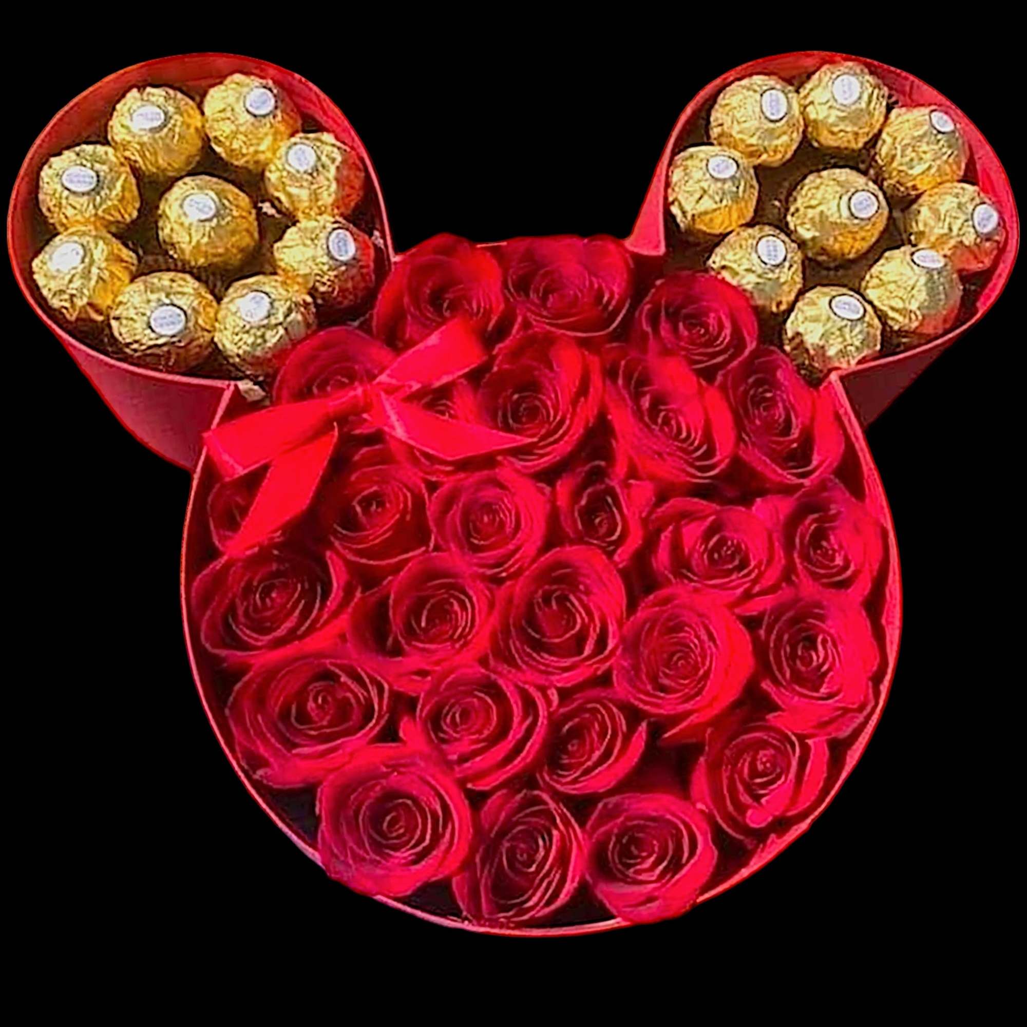 Heart-shaped rose and chocolate gift box with red ribbon