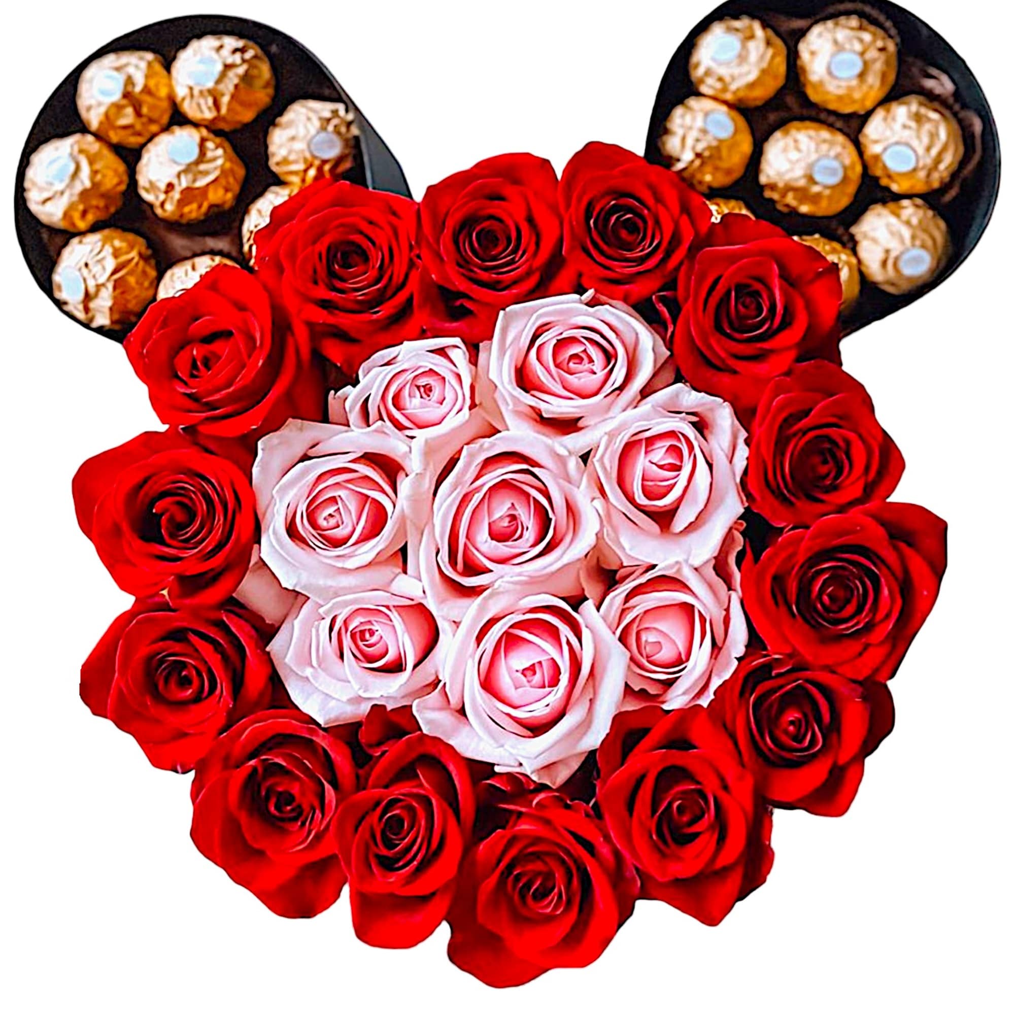 Heart-shaped rose arrangement with chocolates at the top