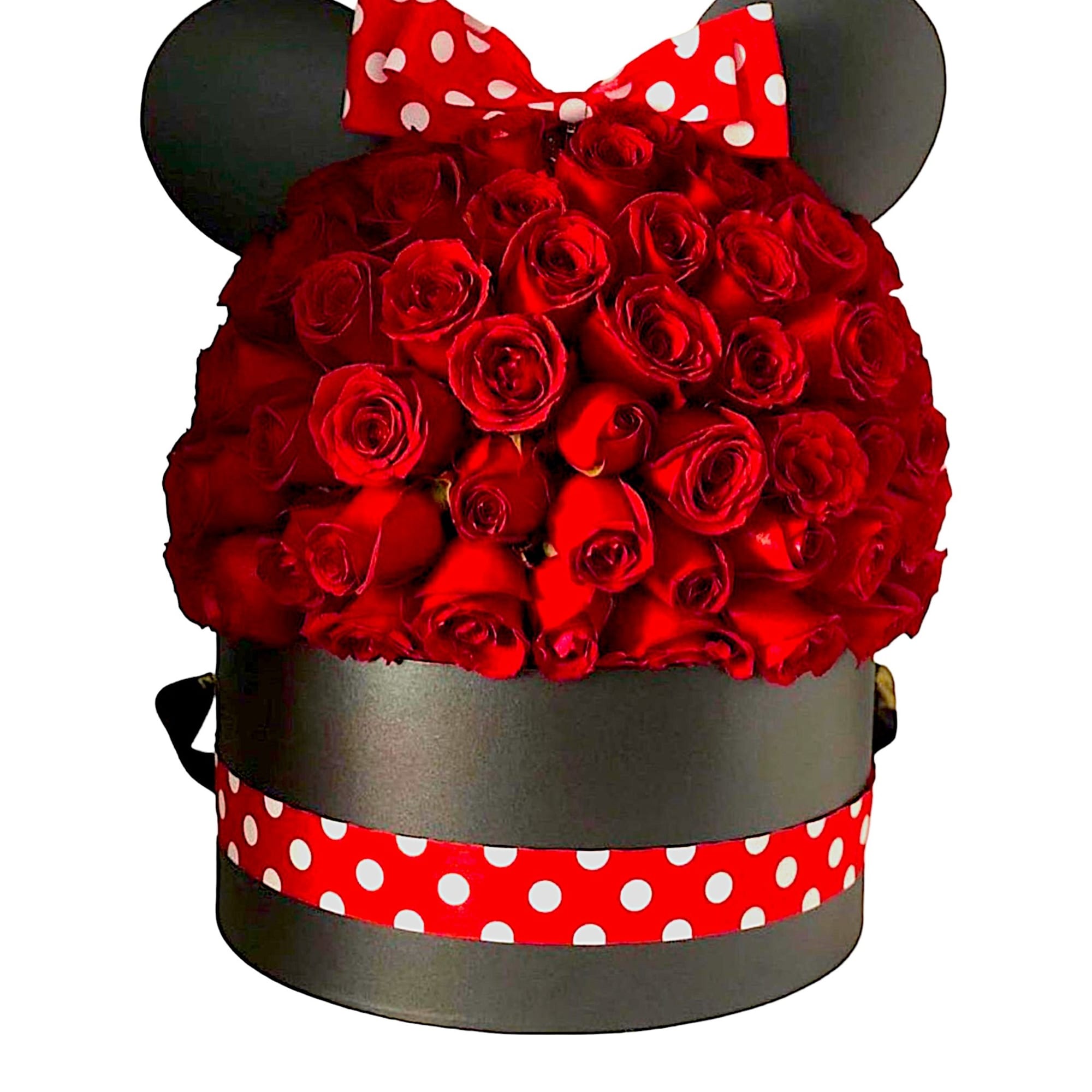Red rose arrangement in a black Mickey Mouse-shaped box with a polka-dot bow