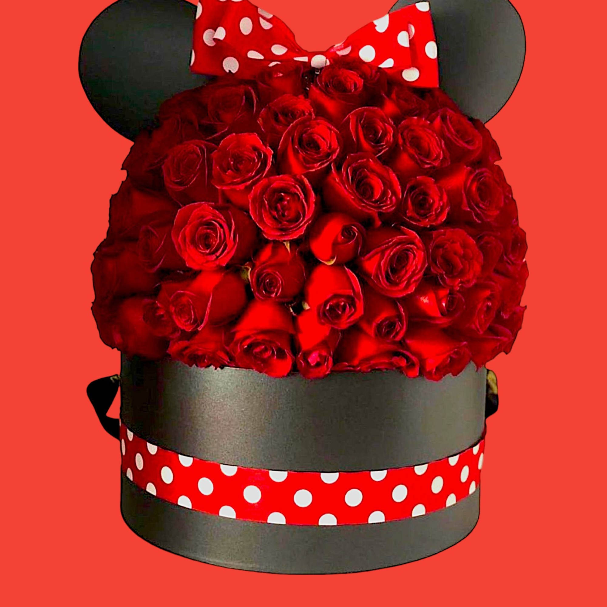 Red rose arrangement in a black Mickey Mouse-shaped box with a polka-dot bow, photo 4 of 4
