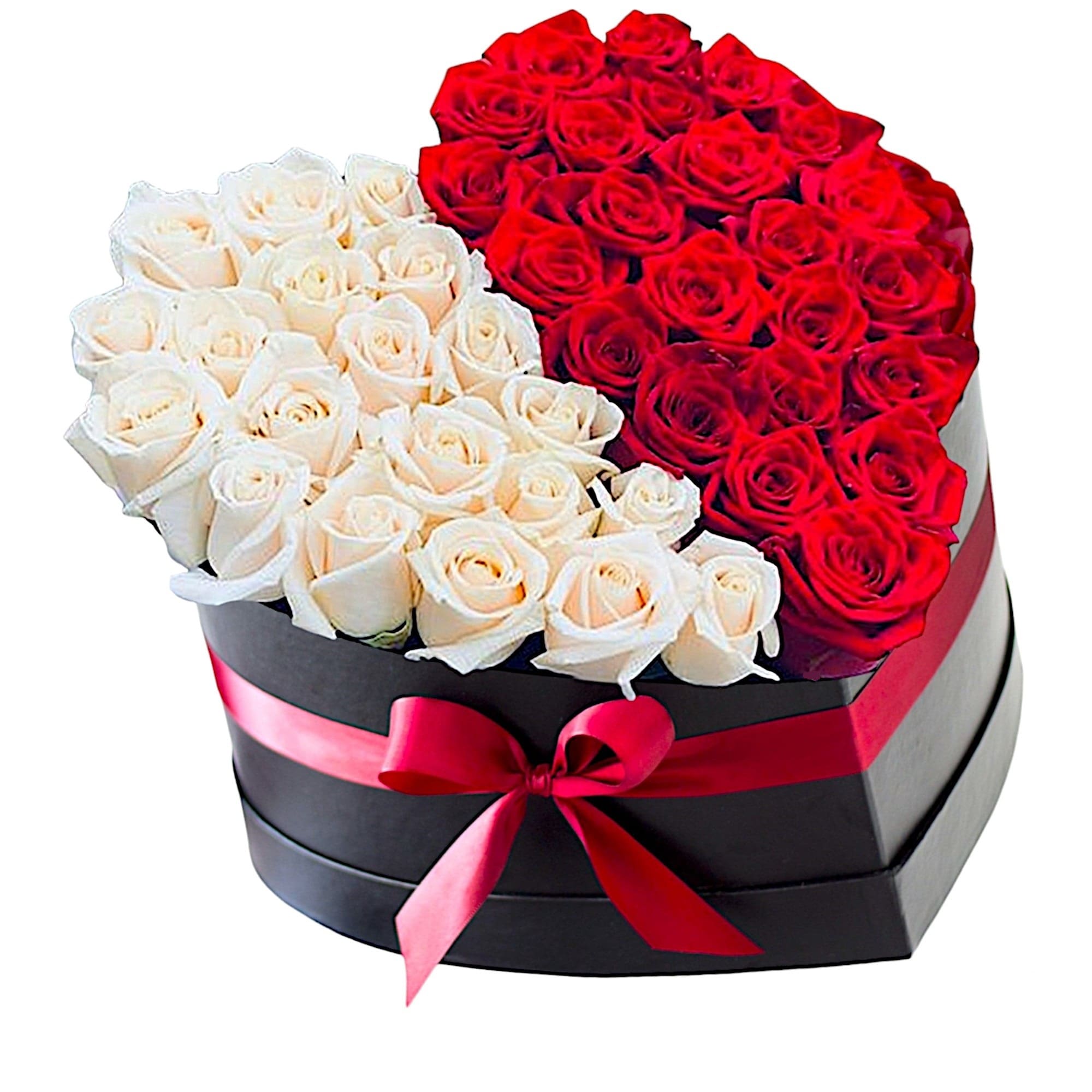 Heart-shaped box of red and white roses with a pink ribbon