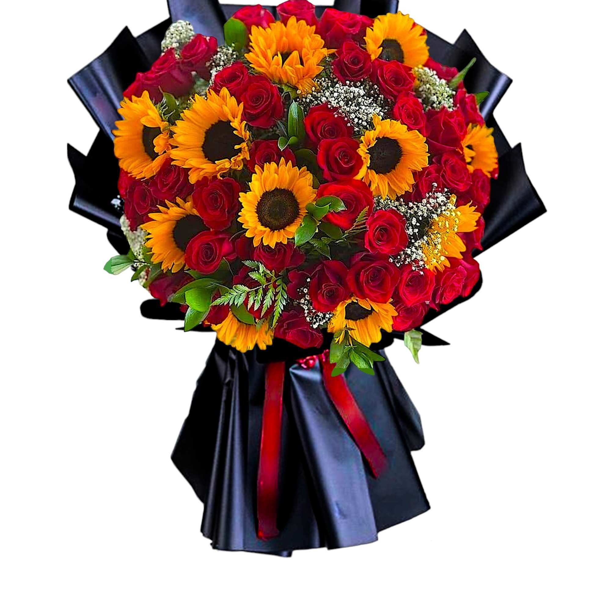 Bouquet of red roses and yellow sunflowers wrapped in black paper