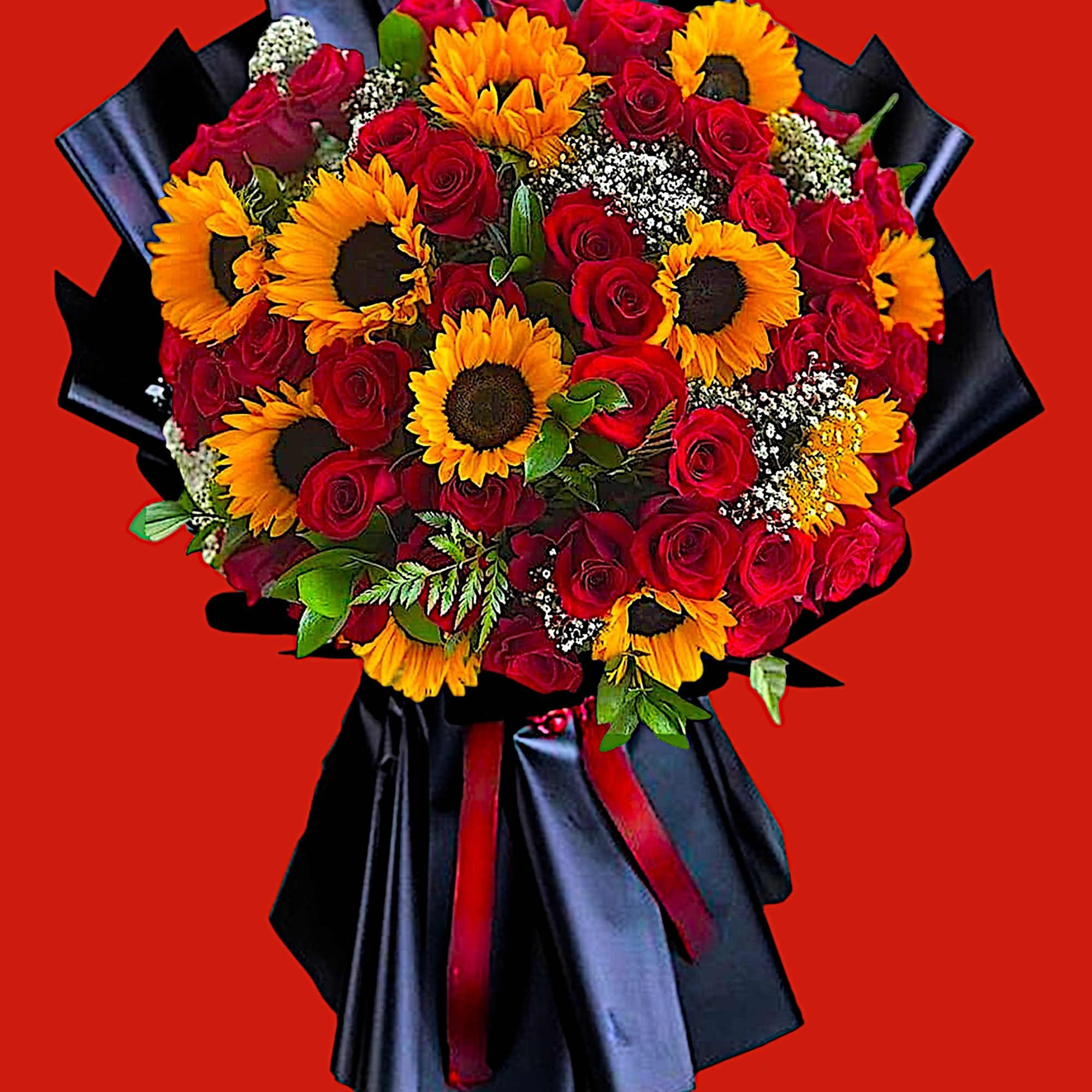 Bouquet of red roses and yellow sunflowers wrapped in black paper, photo 4 of 5