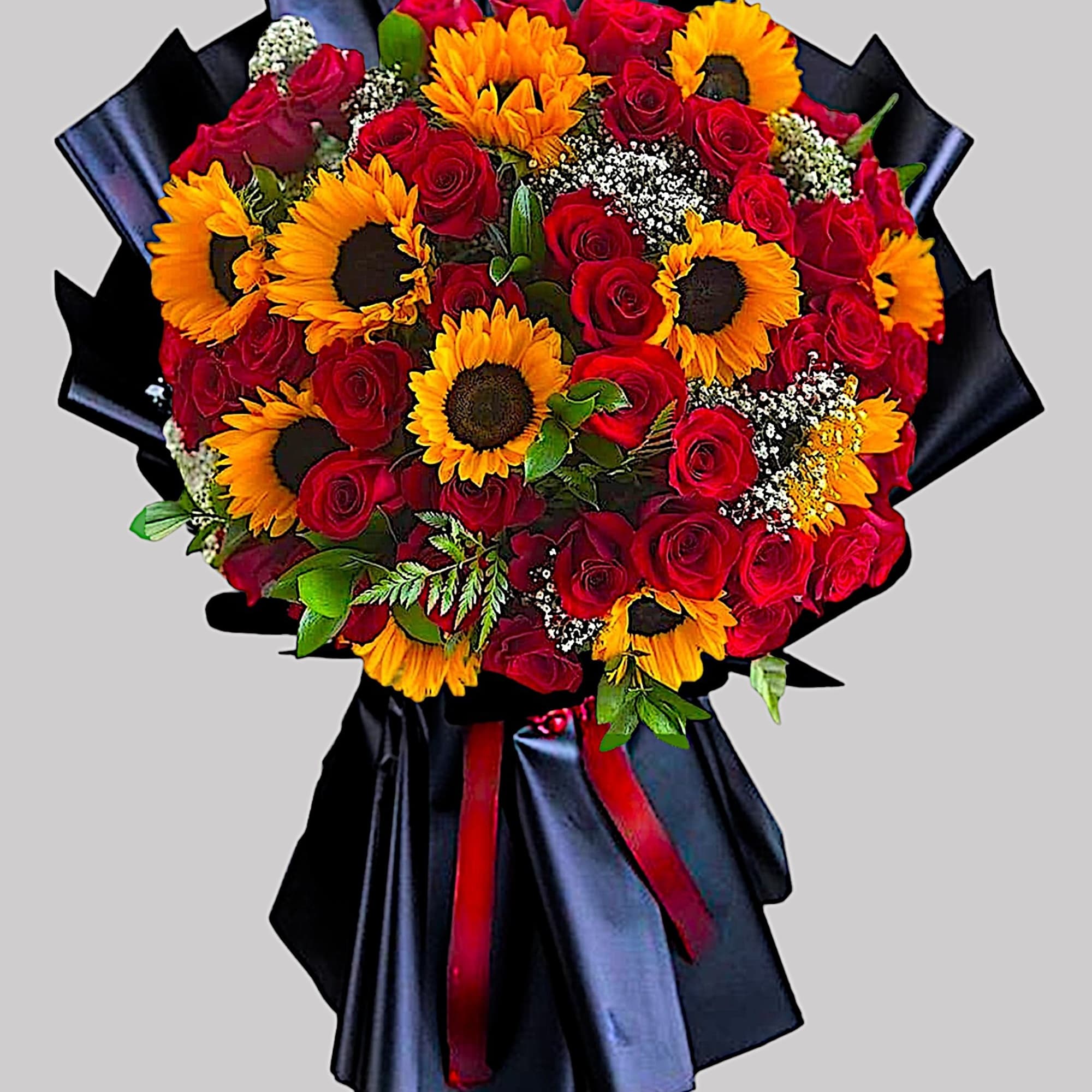 Bouquet of red roses and yellow sunflowers wrapped in black paper, photo 5 of 5