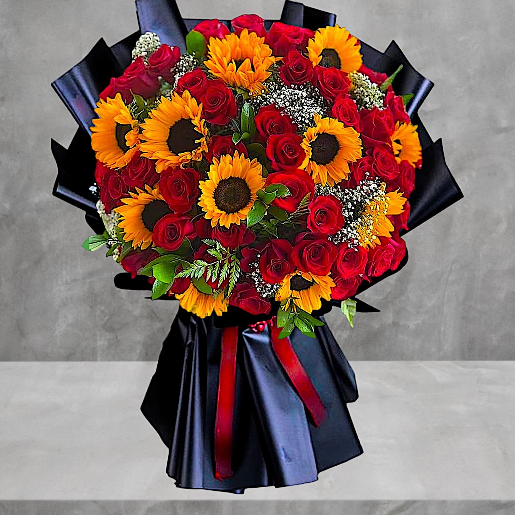 Bouquet of red roses and yellow sunflowers wrapped in black paper, photo 2 of 5